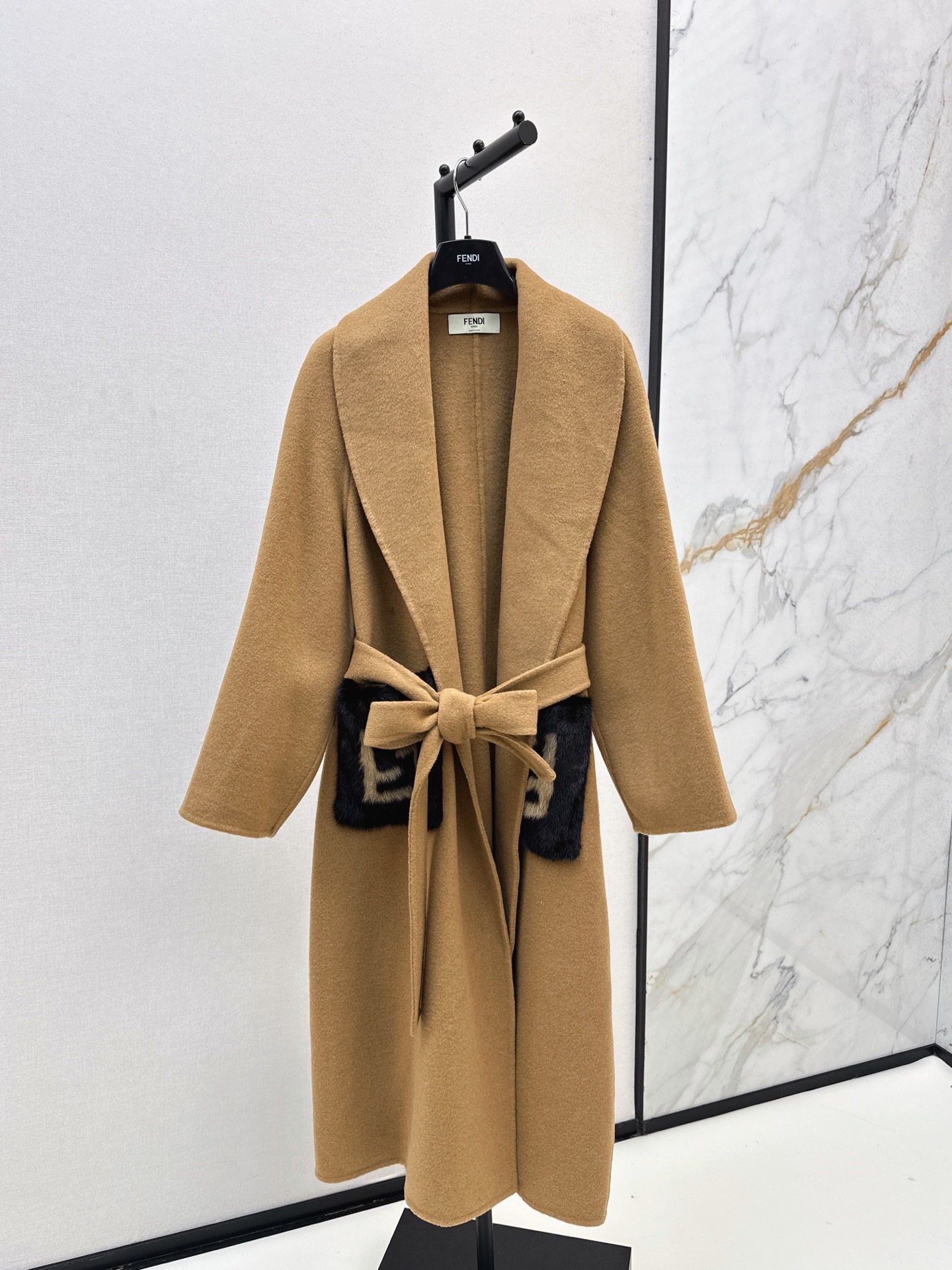 Fen*di Camel Tie-Waist Wool Coat