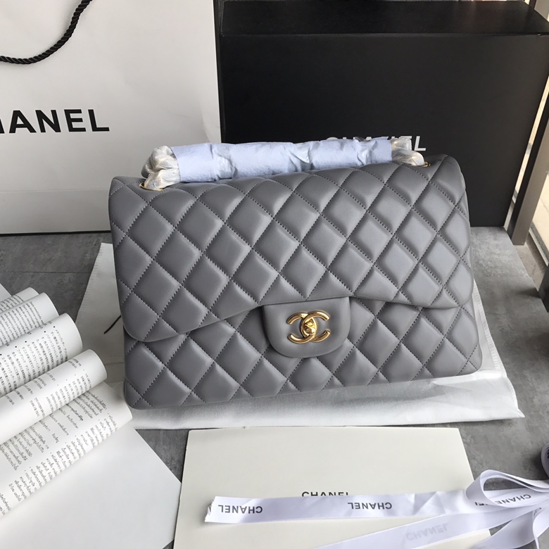 Ch@nel Flap Bag-Lambskin-Gold-30CM