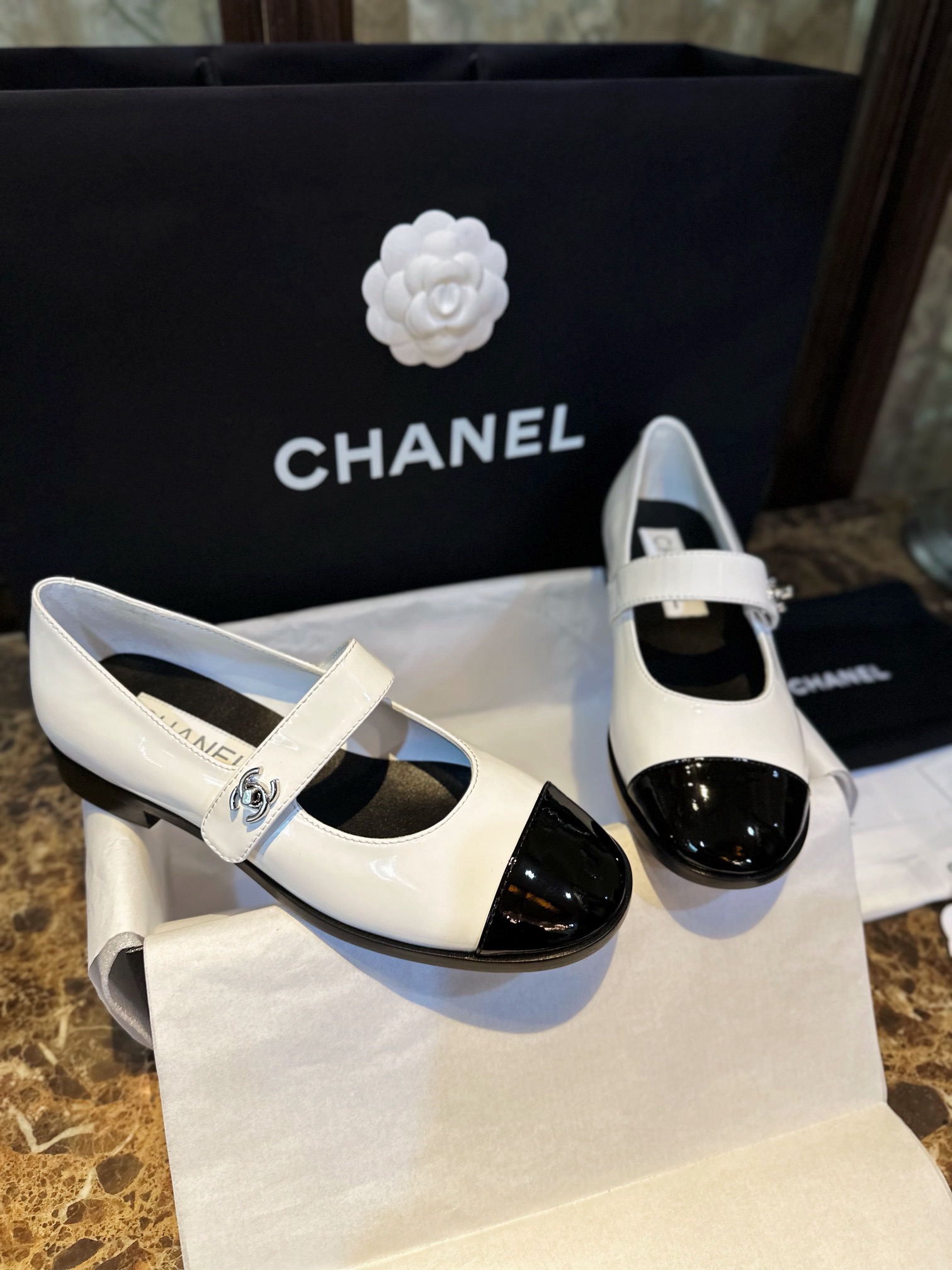 Chan*el Patent Calfskin Mary Janes Flats