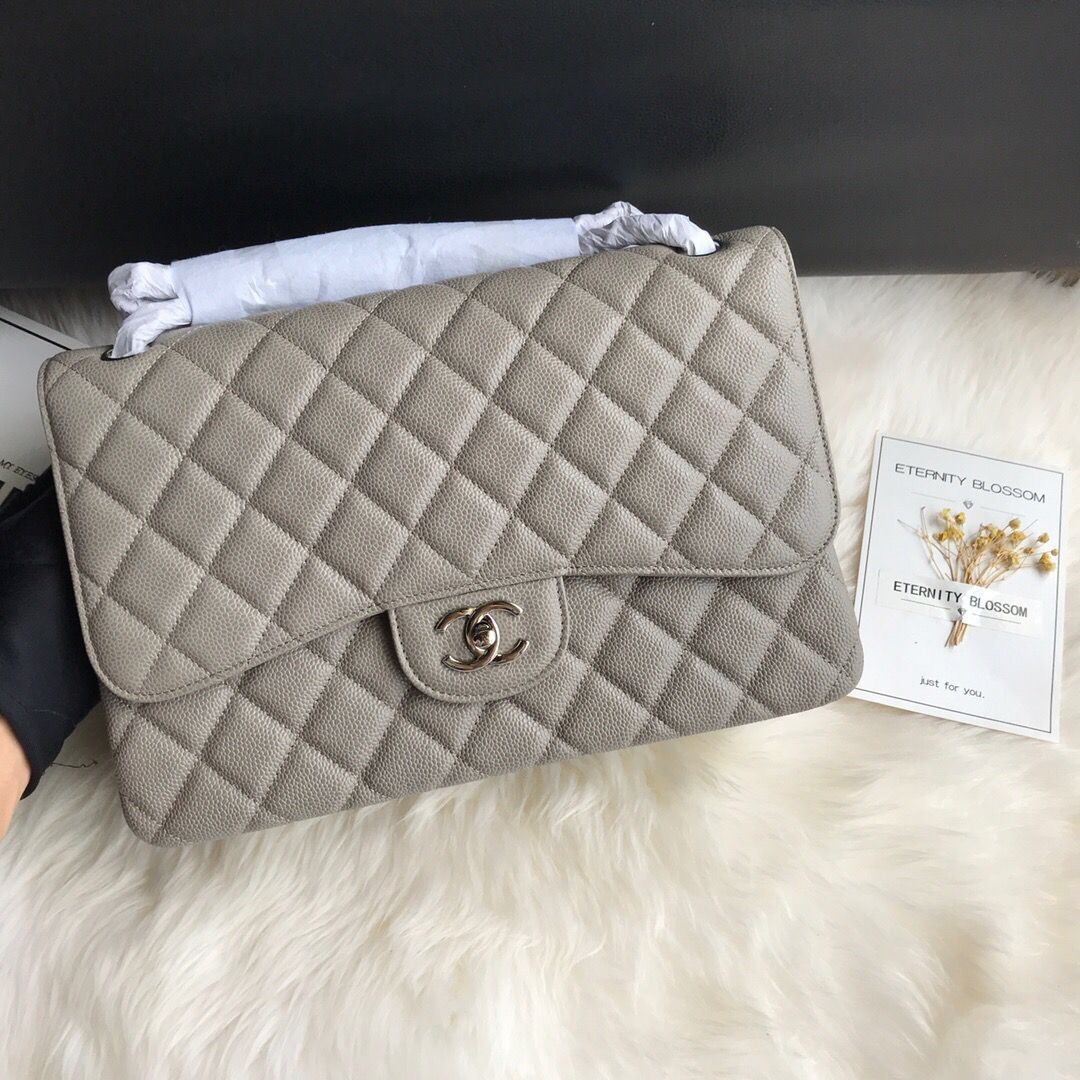 Ch@nel Flap Bag-Caviar-Silver-30CM