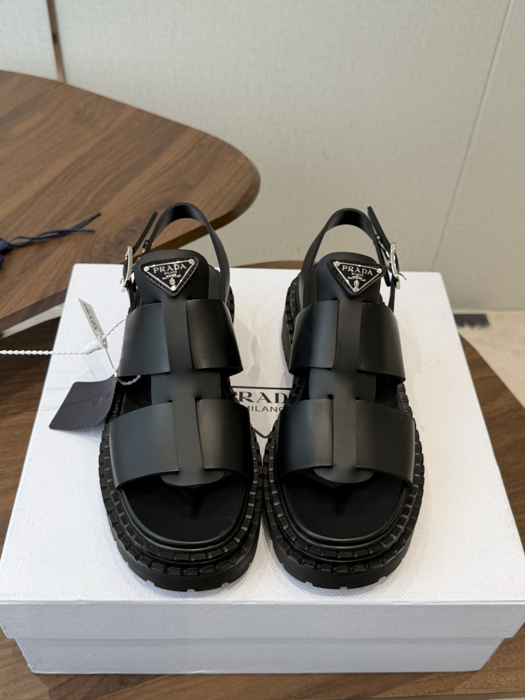 Pra*a Black Leather Sandals-5.5CM