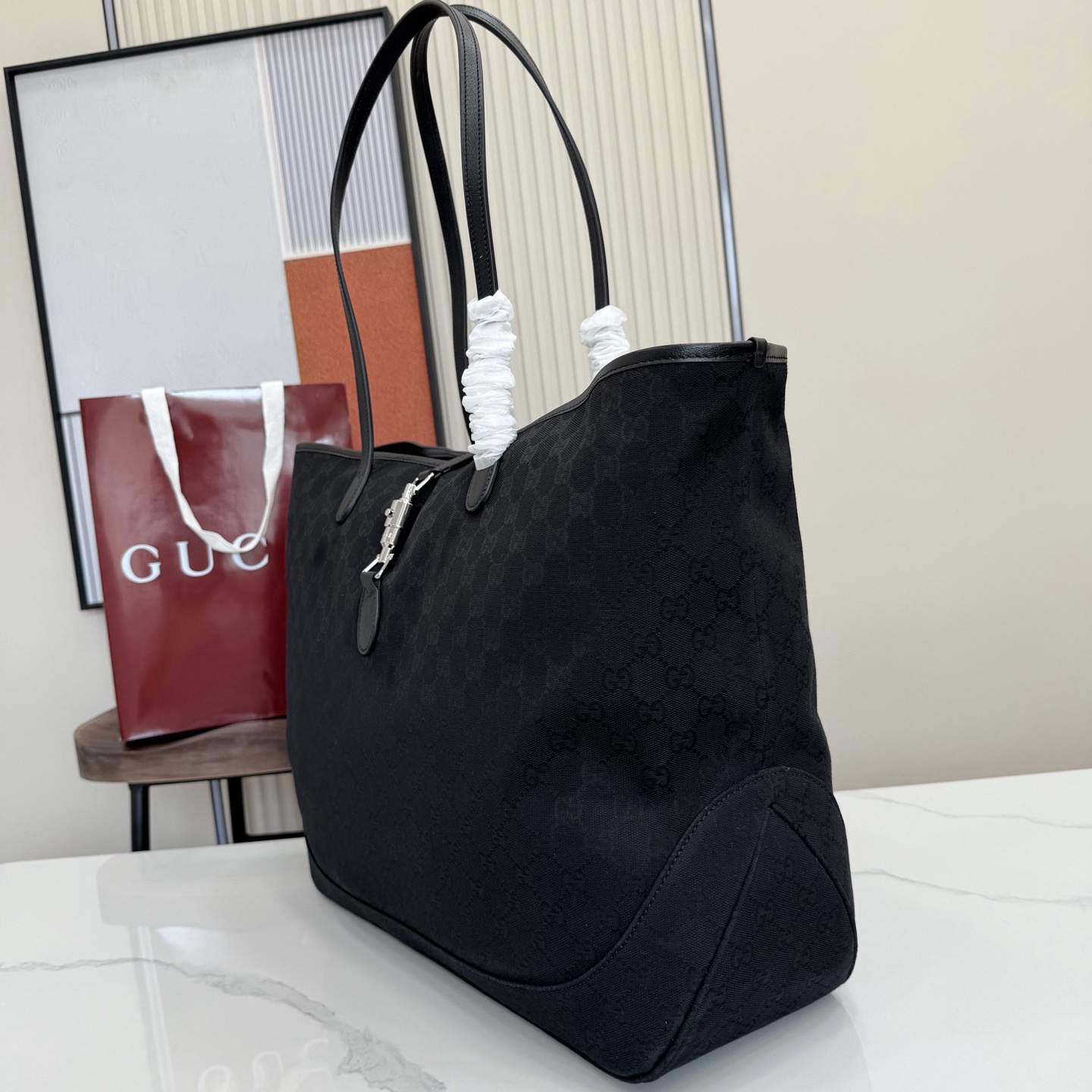 Gu*cci Jackie Large Tote Bag In Black GG Canvas-55*37*14.5CM