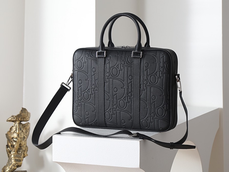 Di*or Zipped Briefcase BlackGravity Leather-37 x 28 x 6CM