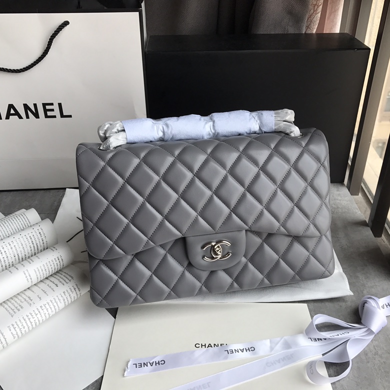 Ch@nel Flap Bag-Lambskin-Silver-30CM