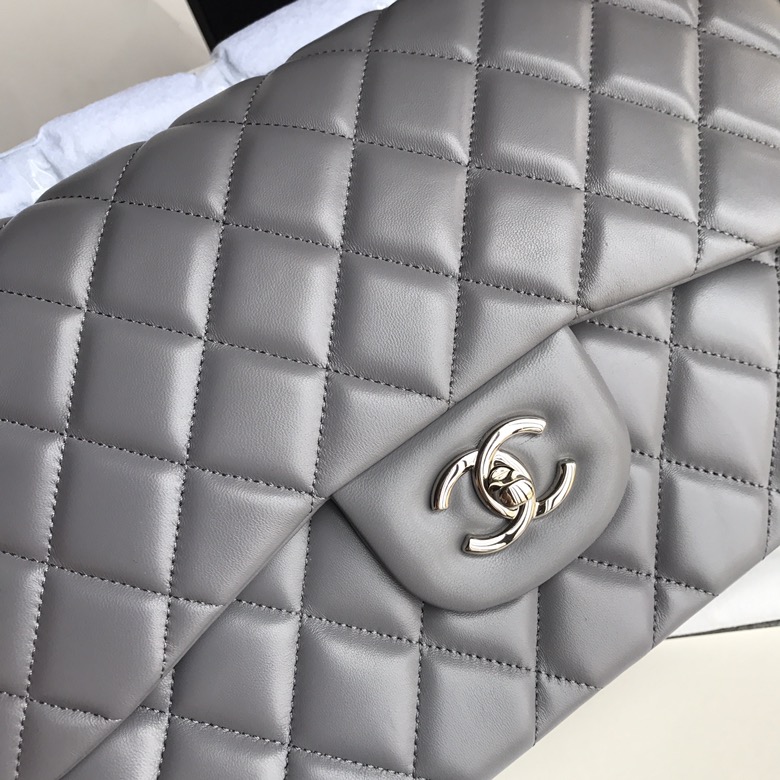 Ch@nel Flap Bag-Lambskin-Silver-30CM