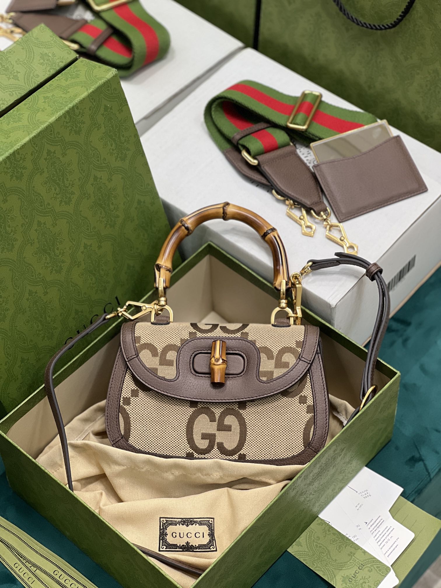 G*u*i top handle bag with bamboo-17*12*7.5&21*15*7cm