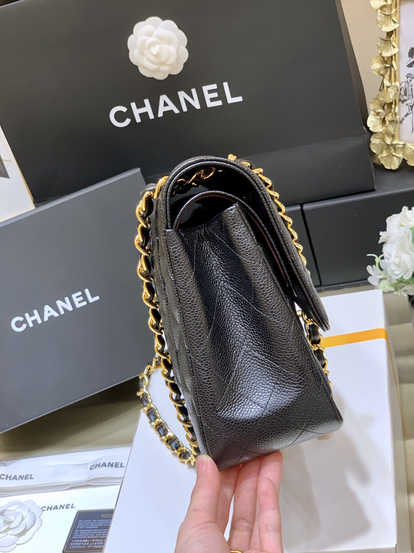 Ch@nel Flap Bag-Cavir Leather-Gold-30CM