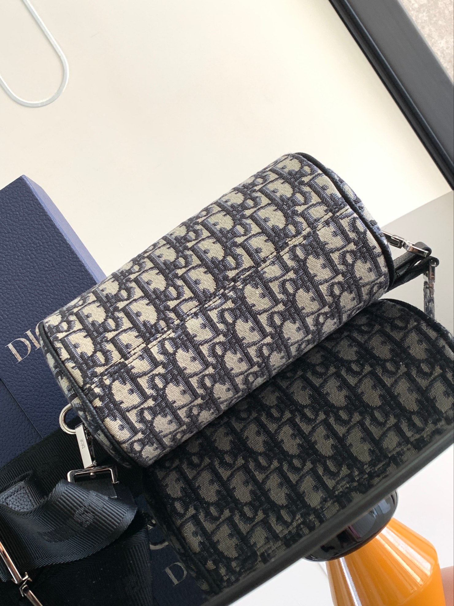 D*or oblique barrel crossbody bag-21.3x12.5x12.5cm