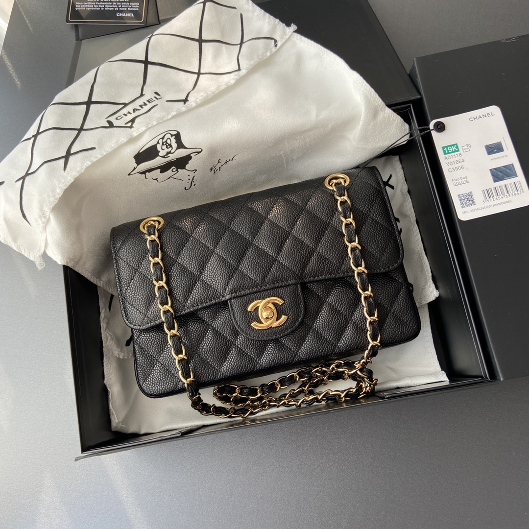 Ch@nel Flap Bag-(Burgundy Inside)Caviar-23CM