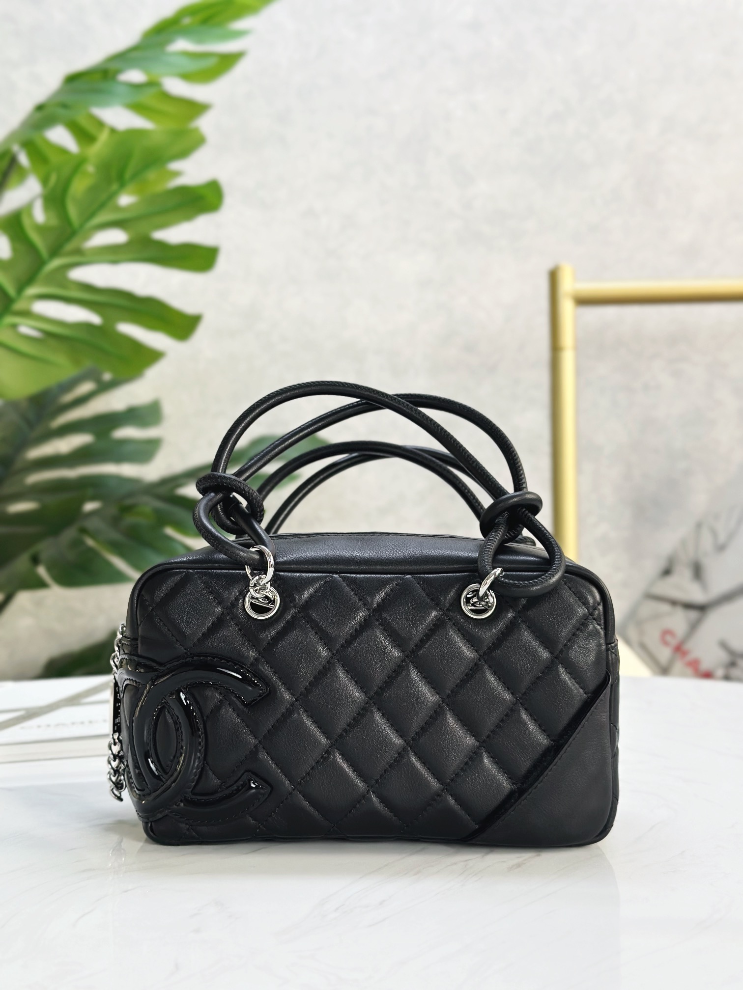 Ch@nel Calfskin Quilted Small Cambon Bowler Black-19.5*10.5*9CM