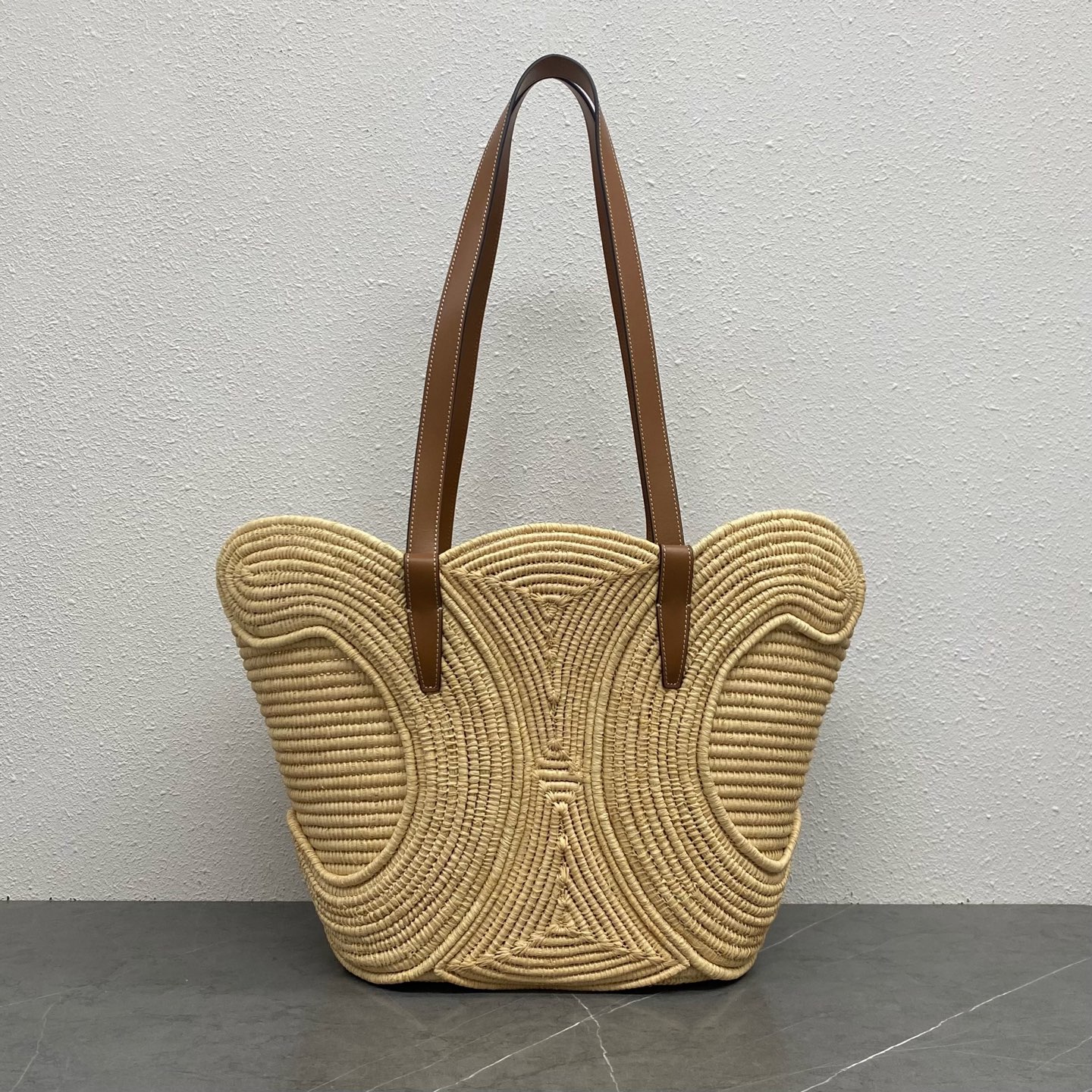 Celin* Classic Panier Small Braided Triomphe in Raffia and Calfskin-42*21.5*12CM