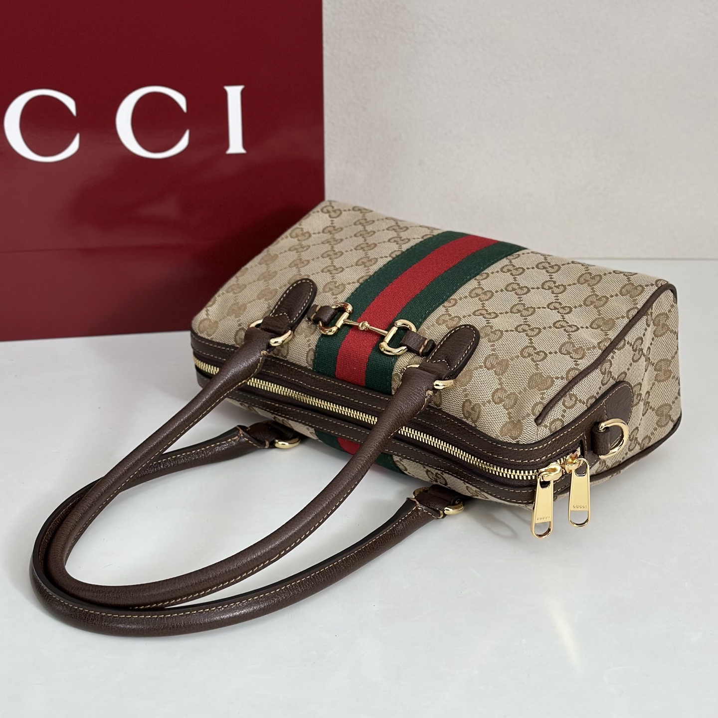 Gvc*1 Borsetto Medium Boston Bag In Sand And Brown Gg Canvas-28*15*10CM