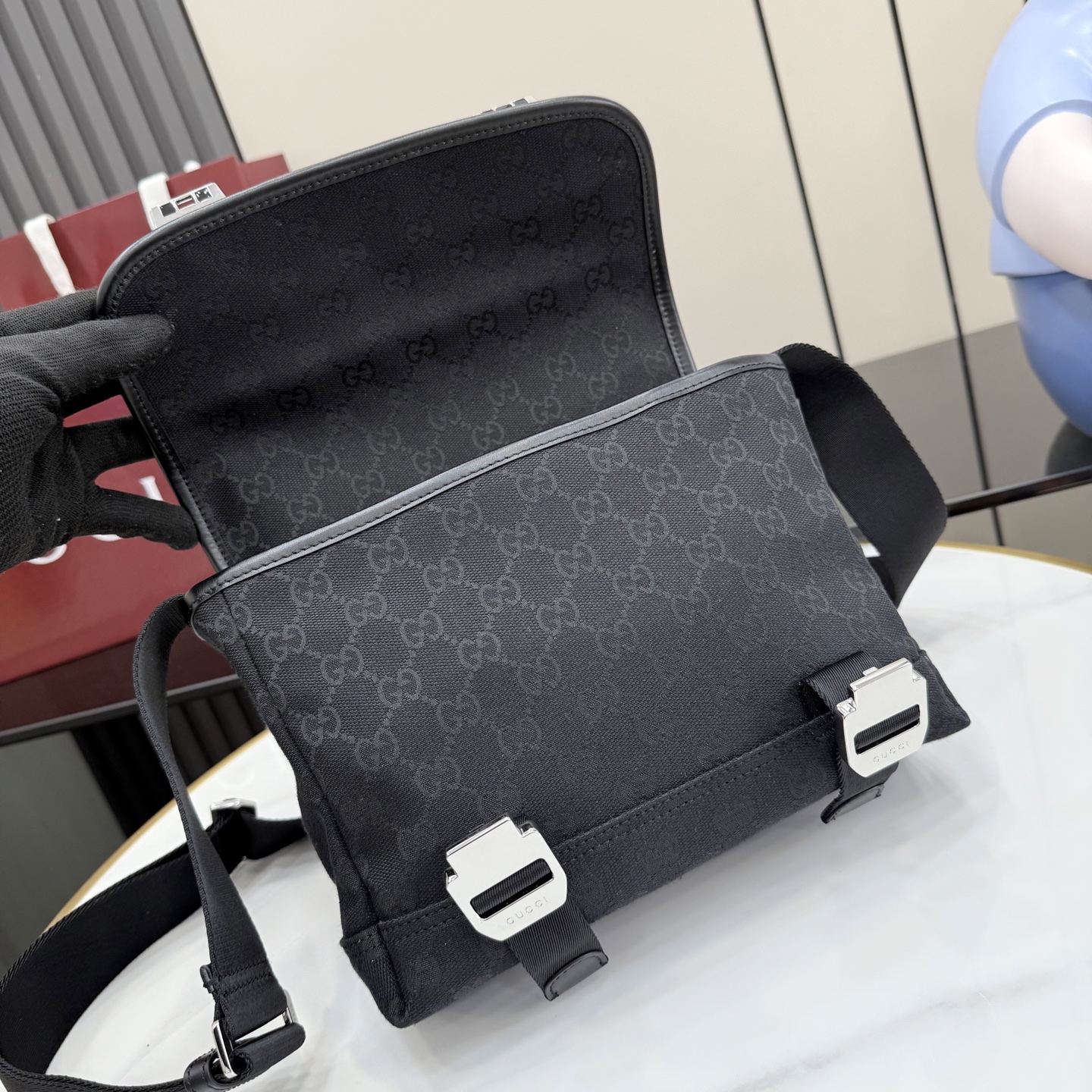Gv*c* GG Canvas Small Crossbody Bag In Black GG canvas-25*20*8.5CM
