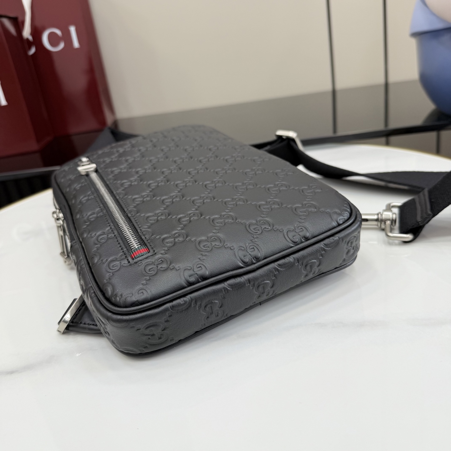 Gv*c* GG Emblem Small Crossbody Bag In Black GG leather-17*28*3CM