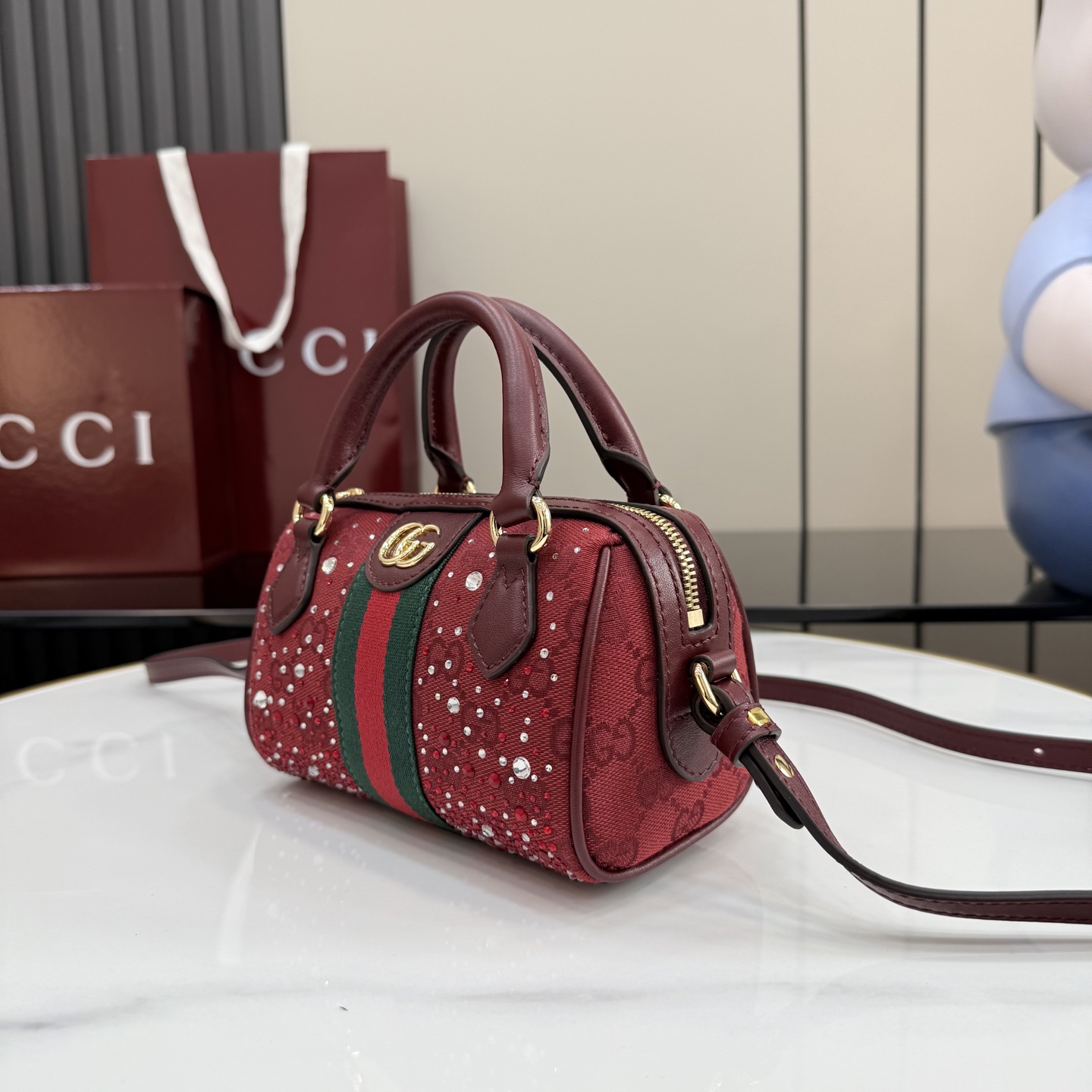 Gv*c* Ophidia Crystals Small Boston Bag In Rosso Ancora Red GG -16.5*10*9CM