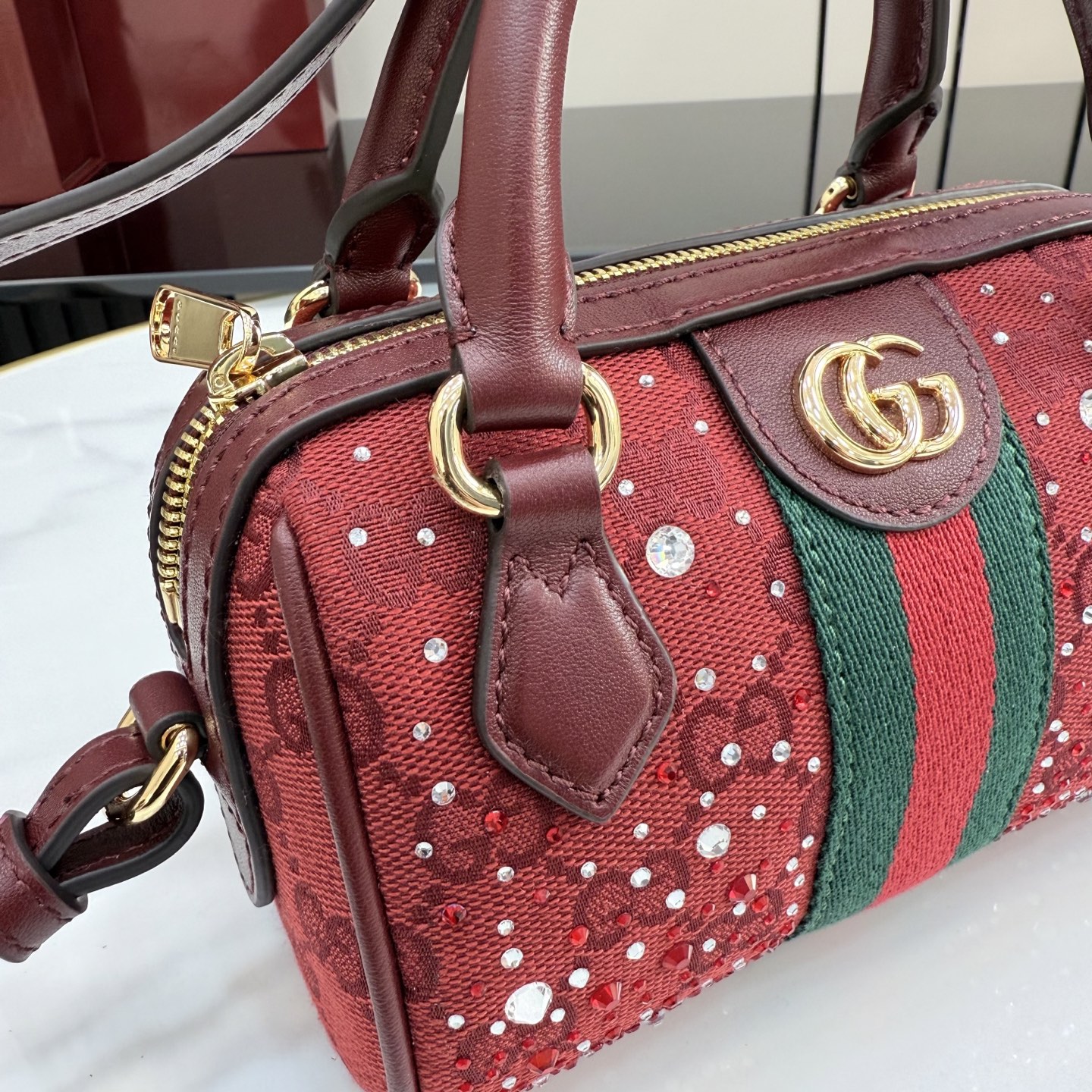 Gv*c* Ophidia Crystals Small Boston Bag In Rosso Ancora Red GG -16.5*10*9CM