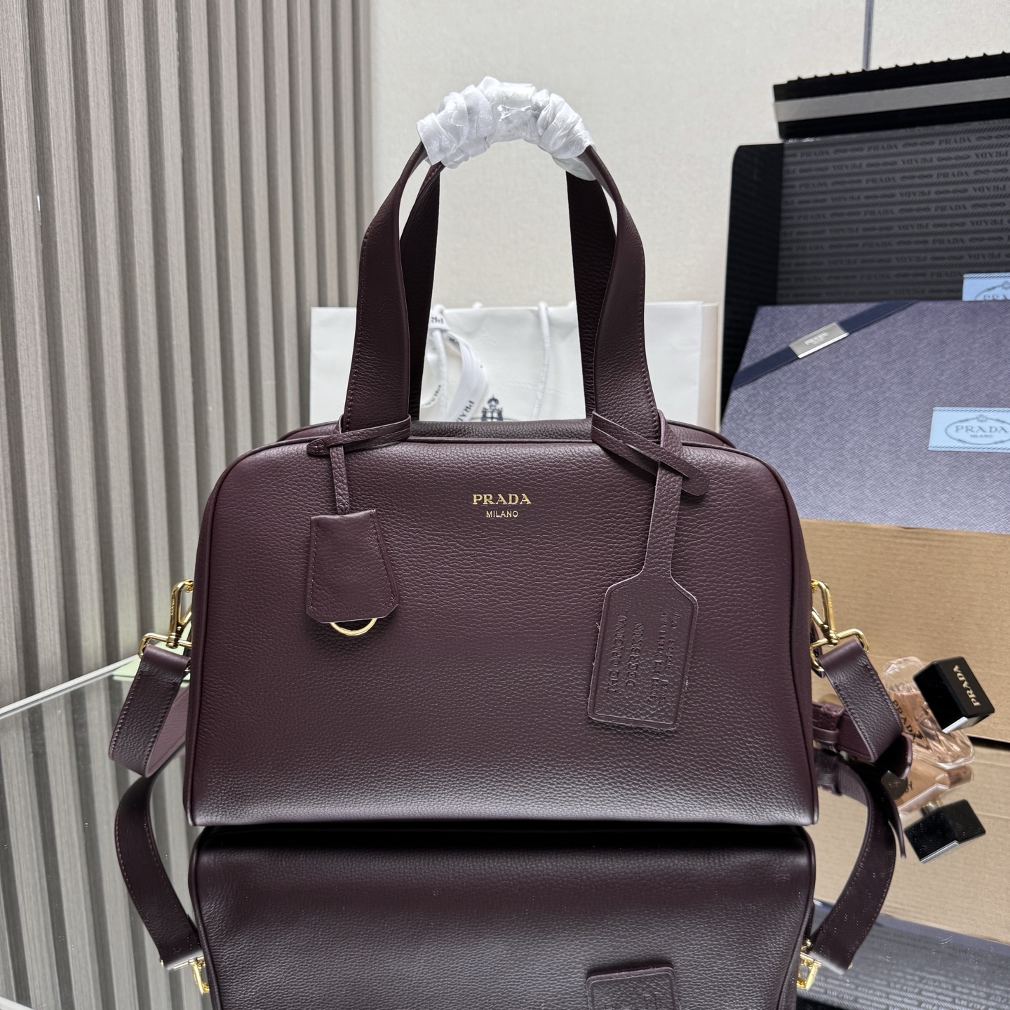 Pra*a Leather Handbag 1BB148-33*22*14CM