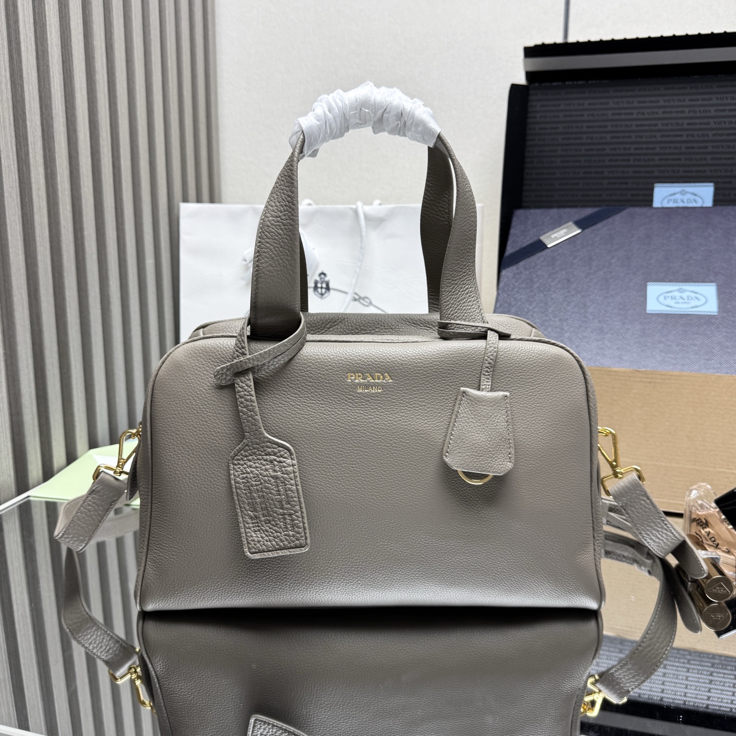 Pra*a Leather Handbag 1BB148-33*22*14CM