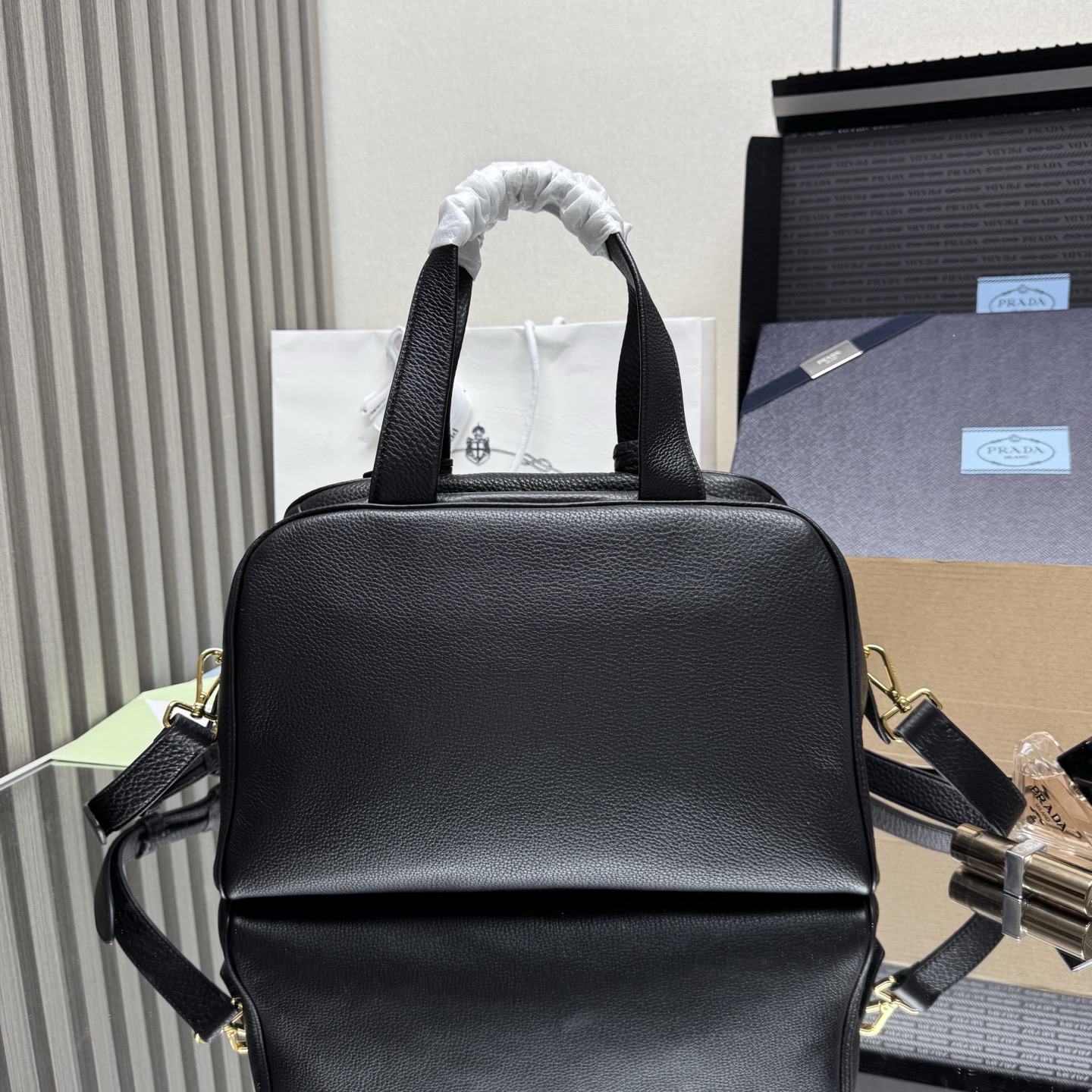 Pra*a Leather Handbag 1BB148-33*22*14CM