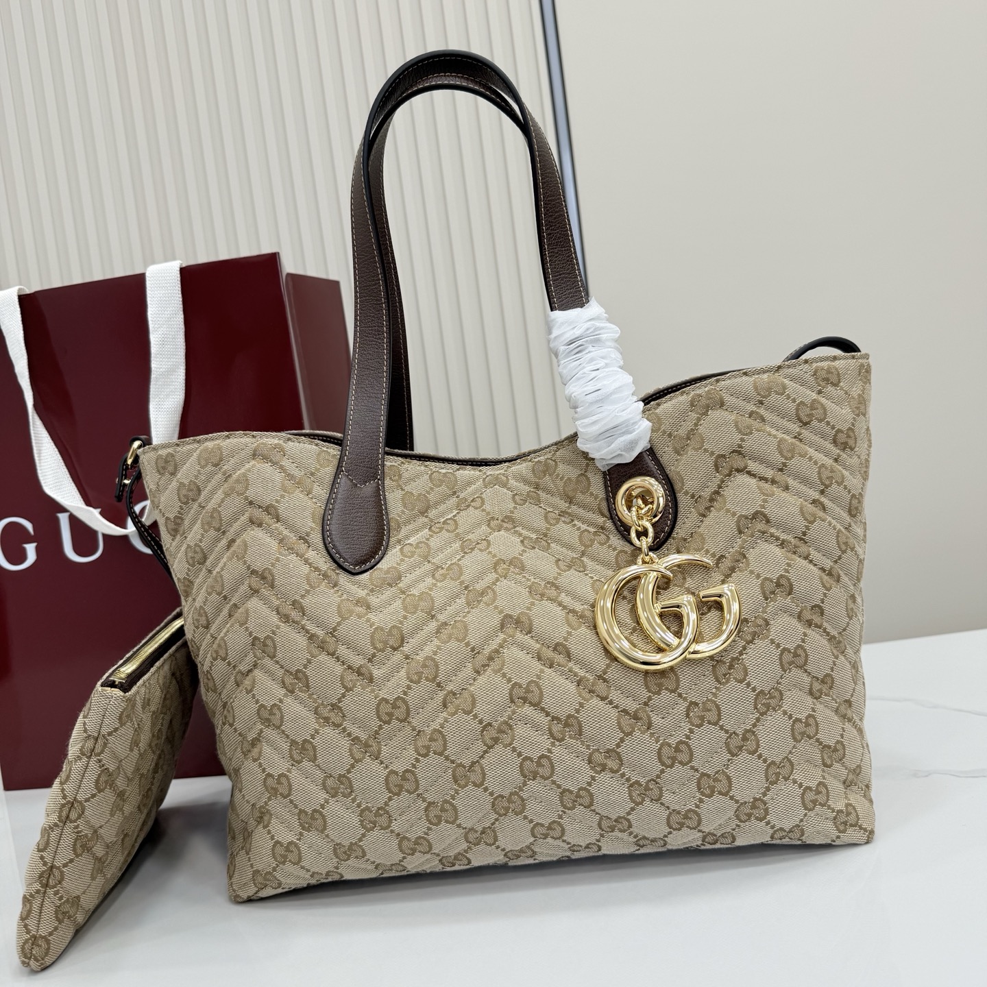 Gv*c* GG Marmont Large Tote Bag in Sand And Brown GG Canvas-30*23*18CM