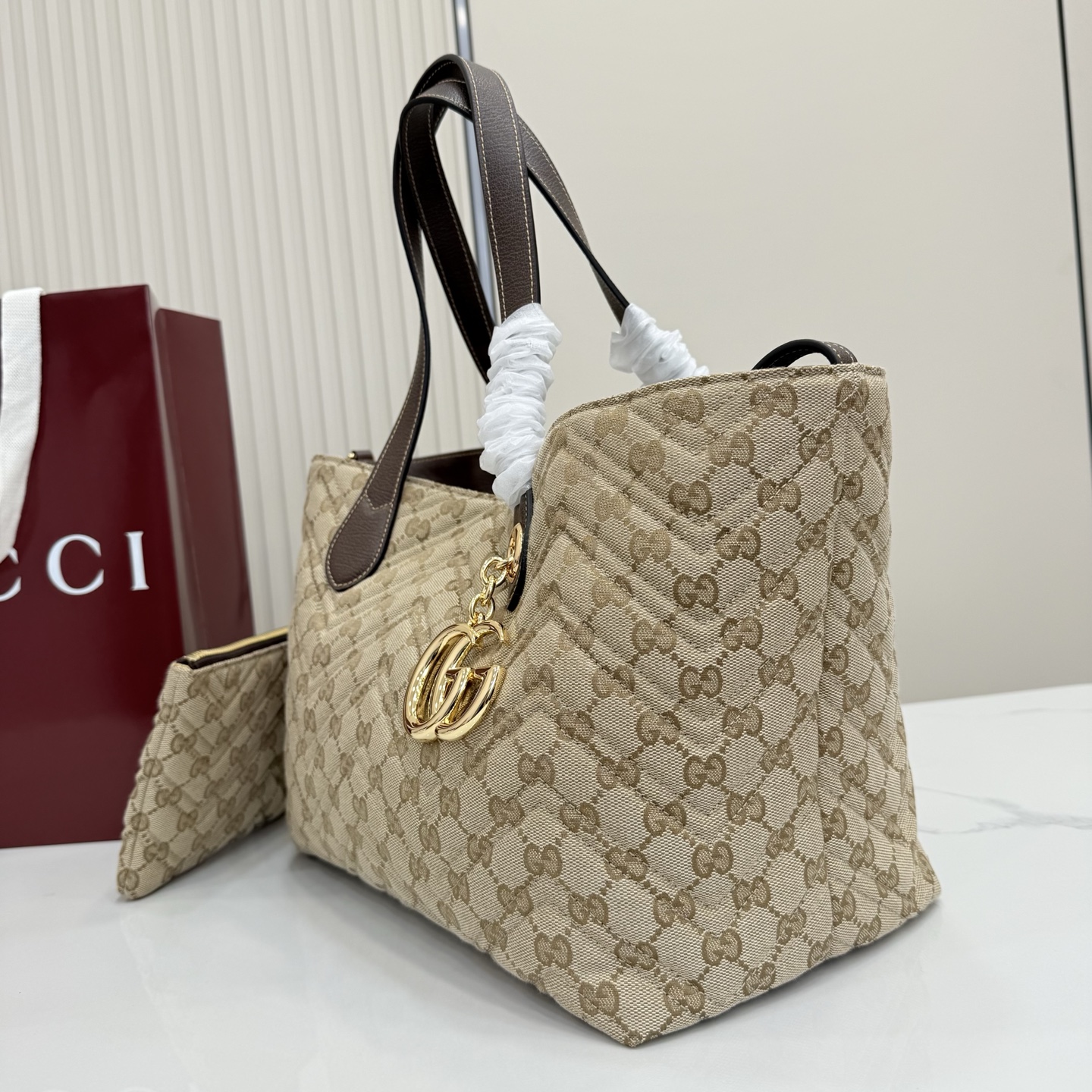 Gv*c* GG Marmont Large Tote Bag in Sand And Brown GG Canvas-30*23*18CM