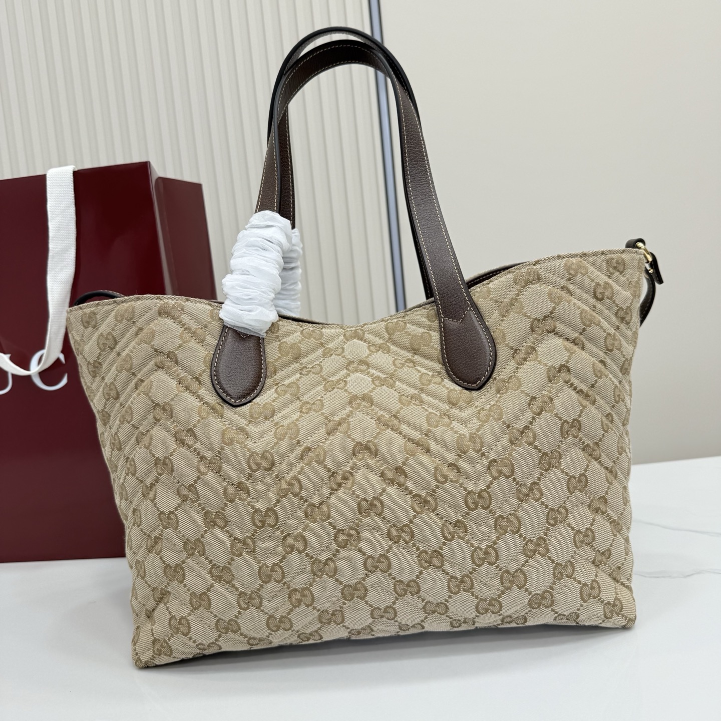 Gv*c* GG Marmont Large Tote Bag in Sand And Brown GG Canvas-30*23*18CM
