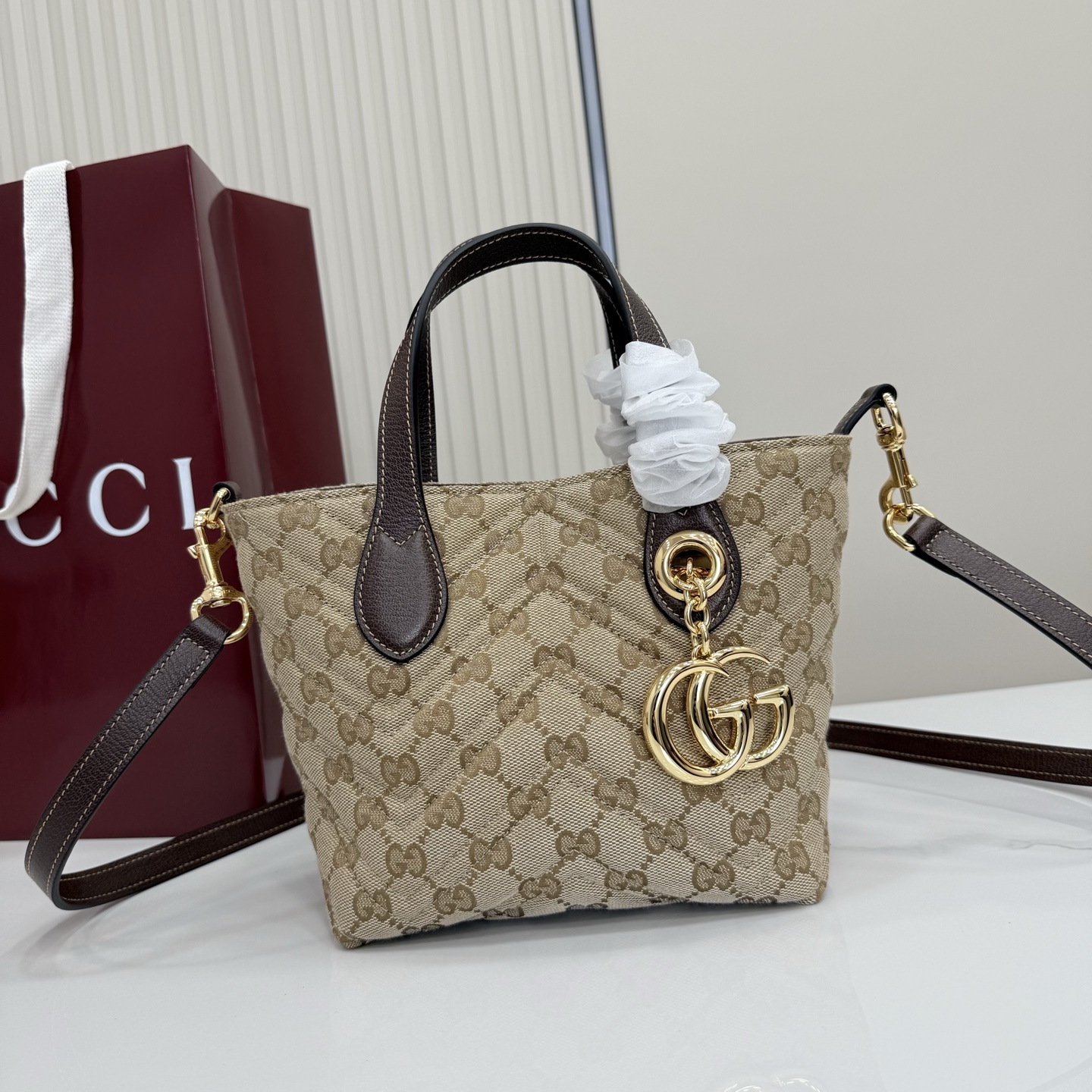 Gv*c* GG Marmont Small Tote Bag in Sand And Brown GG Canvas-17*5*17*12.5CM