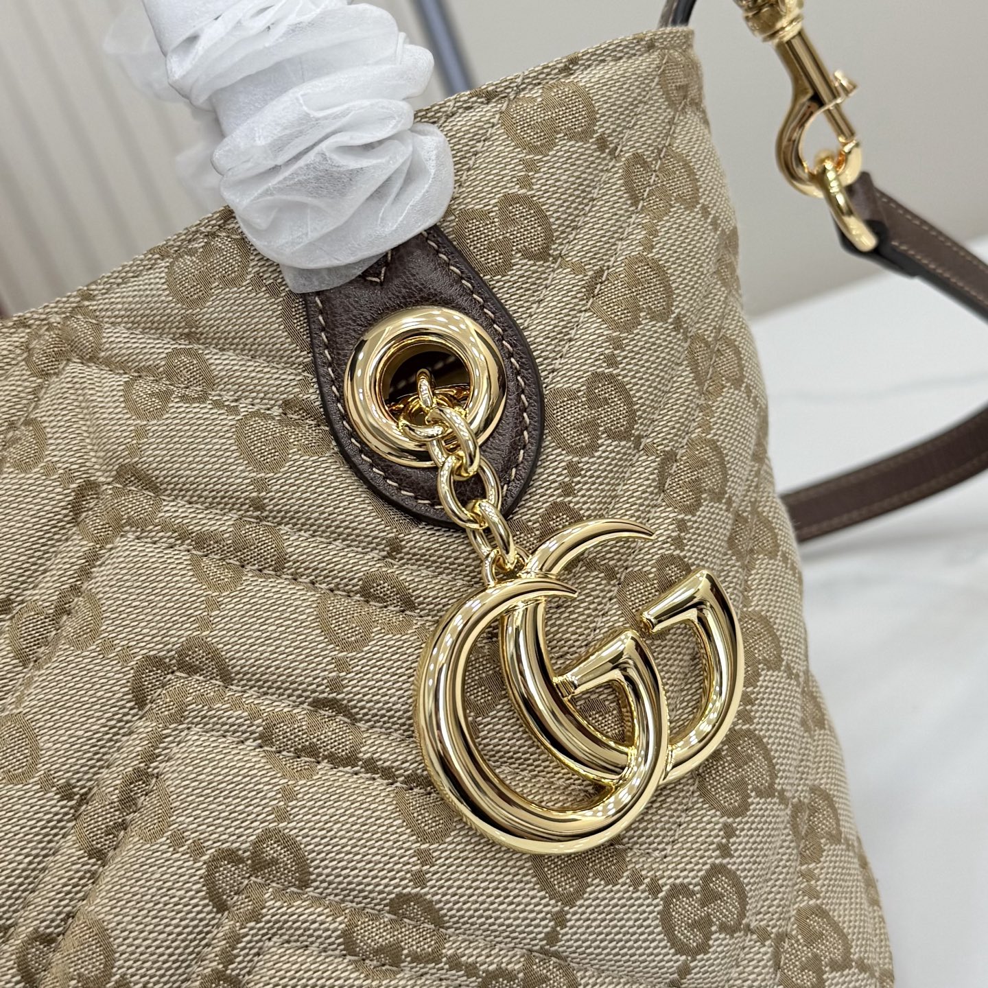 Gv*c* GG Marmont Small Tote Bag in Sand And Brown GG Canvas-17*5*17*12.5CM