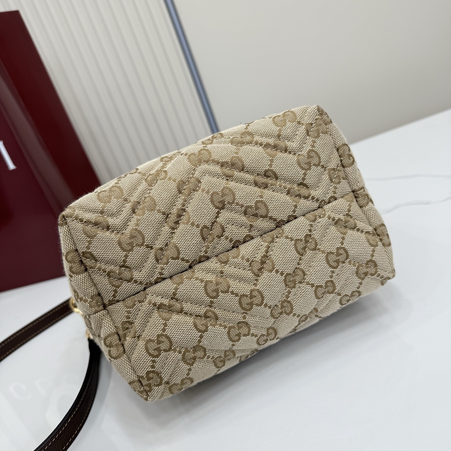 Gv*c* GG Marmont Small Tote Bag in Sand And Brown GG Canvas-17*5*17*12.5CM