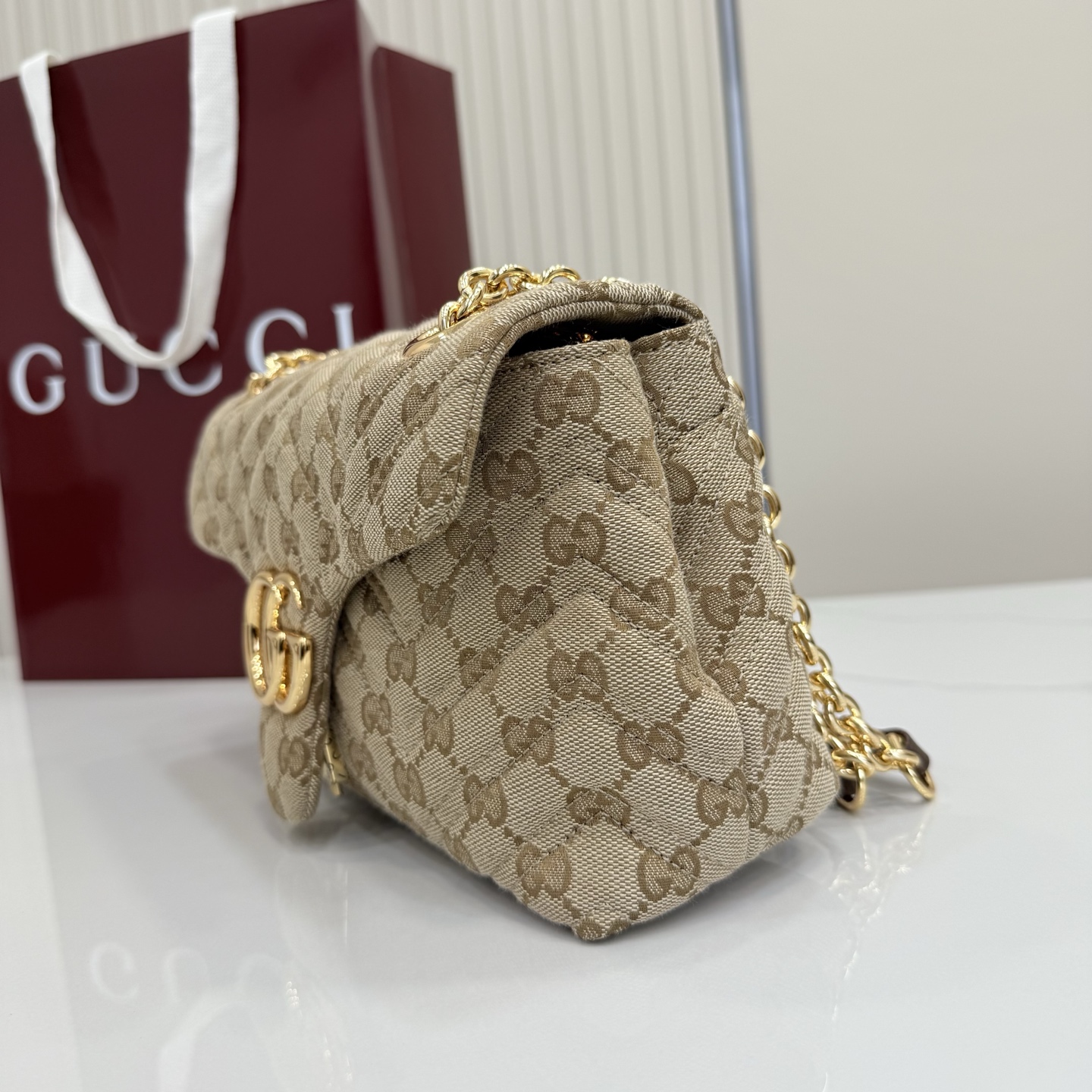 Gv*c* GG Marmont Small Shoulder Bag In Sand And Brown GG-23*17*9CM