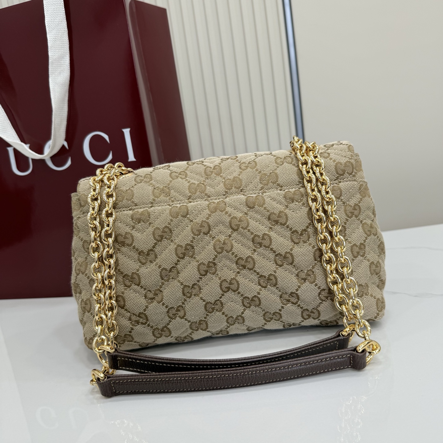 Gv*c* GG Marmont Small Shoulder Bag In Sand And Brown GG-23*17*9CM