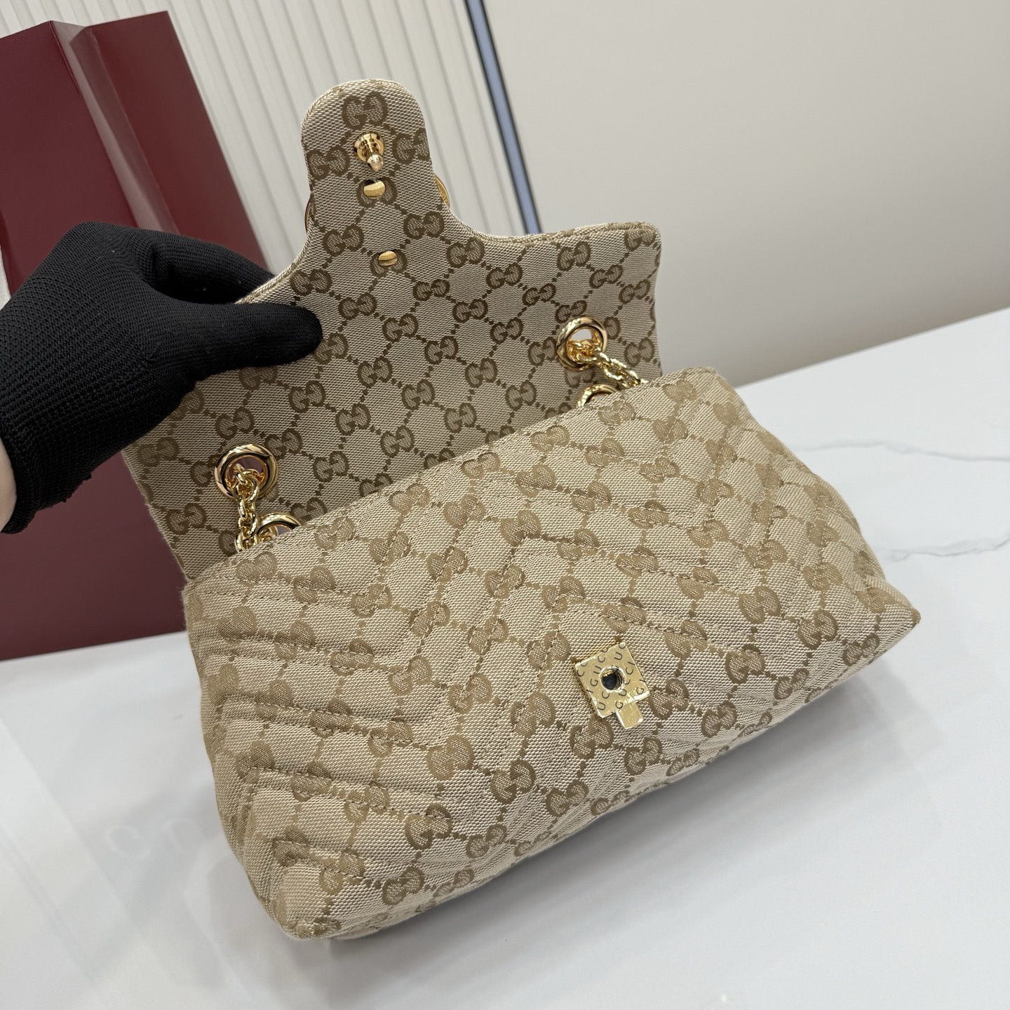 Gv*c* GG Marmont Small Shoulder Bag In Sand And Brown GG-23*17*9CM