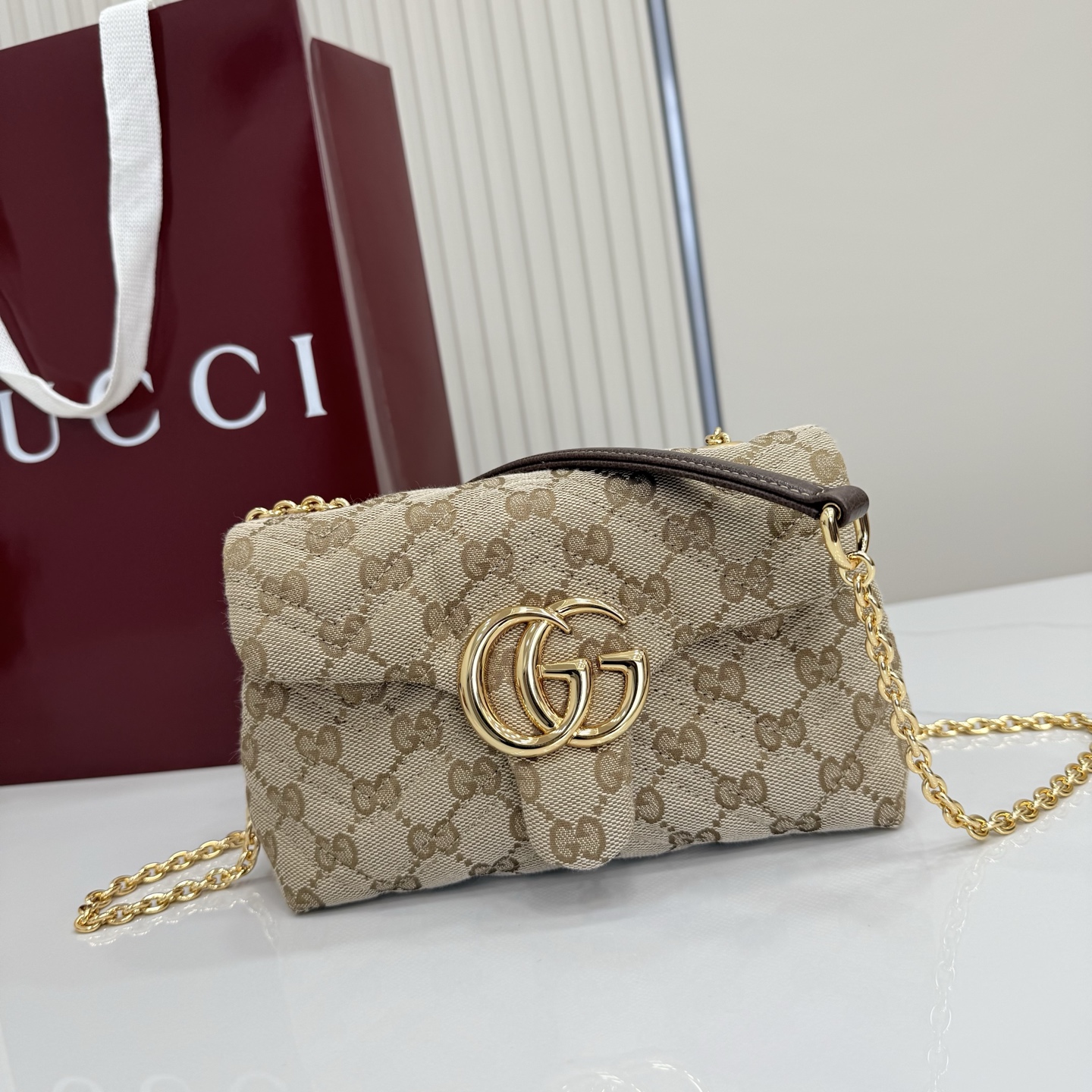 Gv*c* GG Marmont Mini Shoulder Bag In Sand And Brown GG-18.5*11.5*7CM