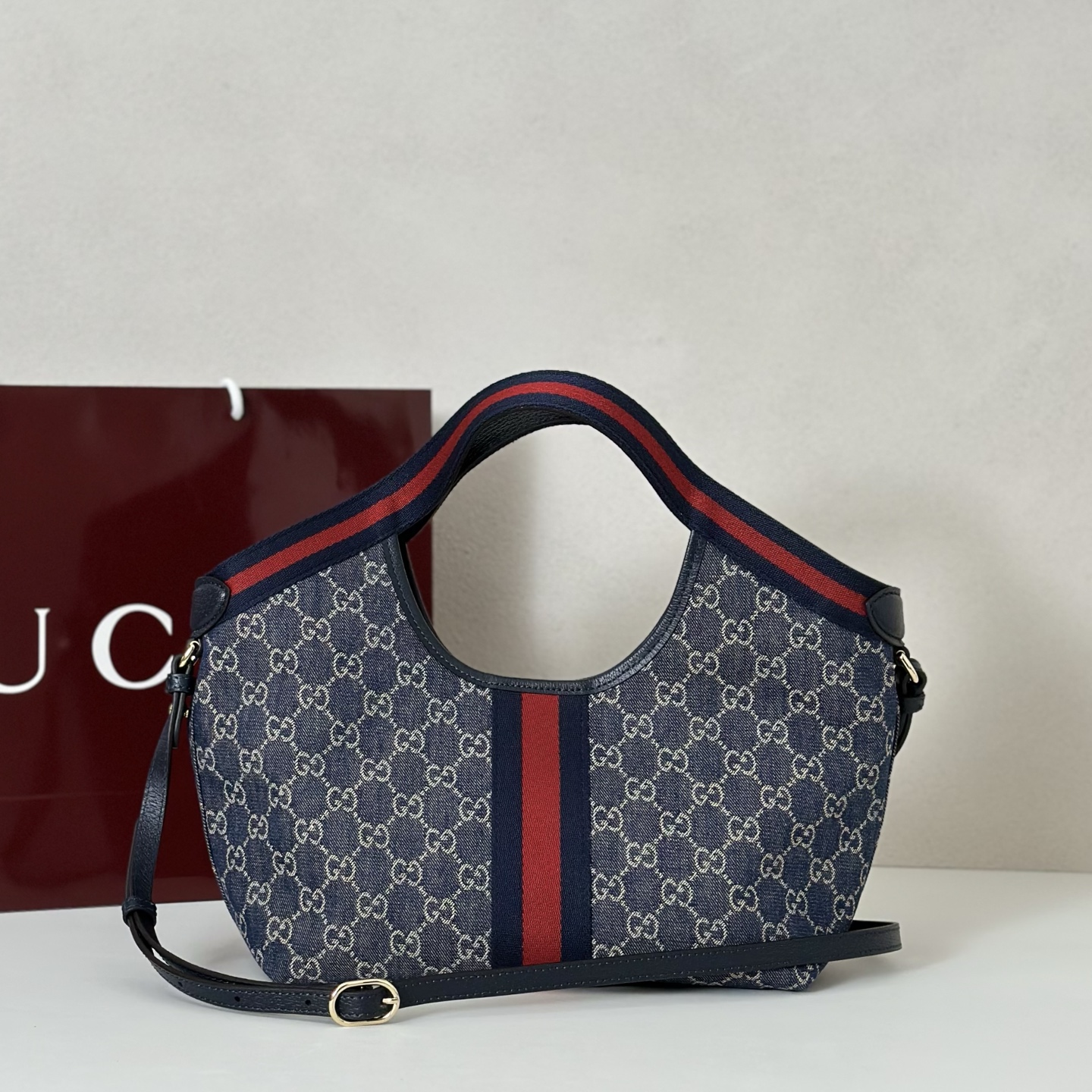 Gvc*1 Giglio Small Tote Bag in Blue and White GG Denim-25*20*15CM