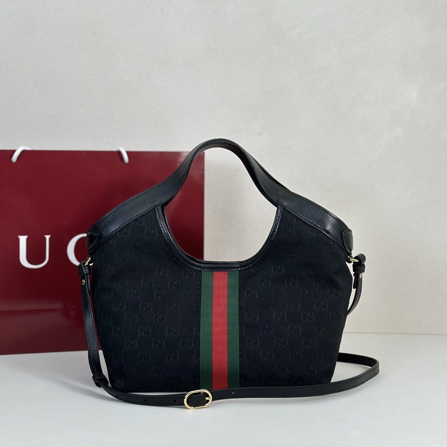 Guc*ci Giglio Small Tote Bag In Black GG Canvas-25*20*15CM