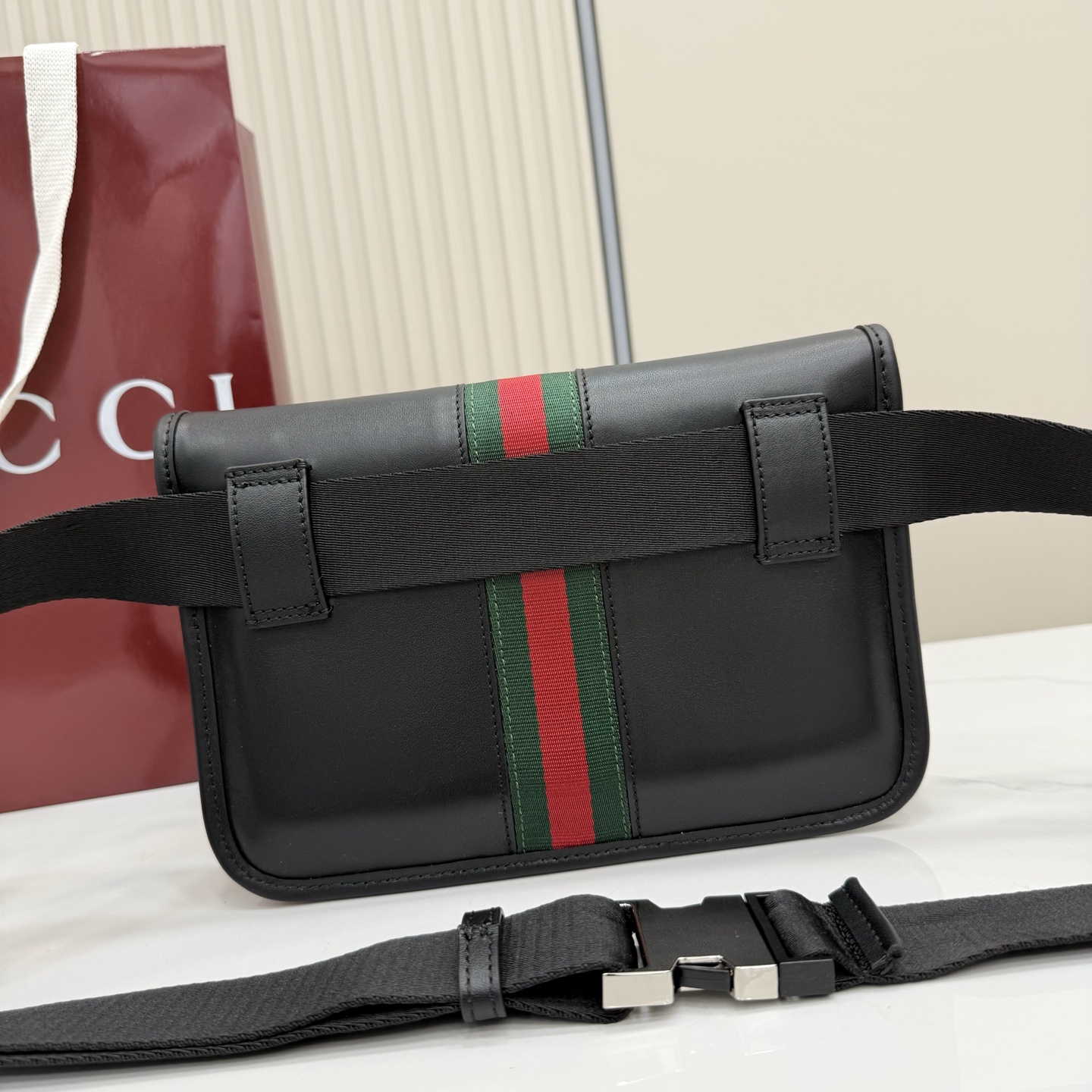Gv*c* Web Trademark Small Belt Bag In Black Leather