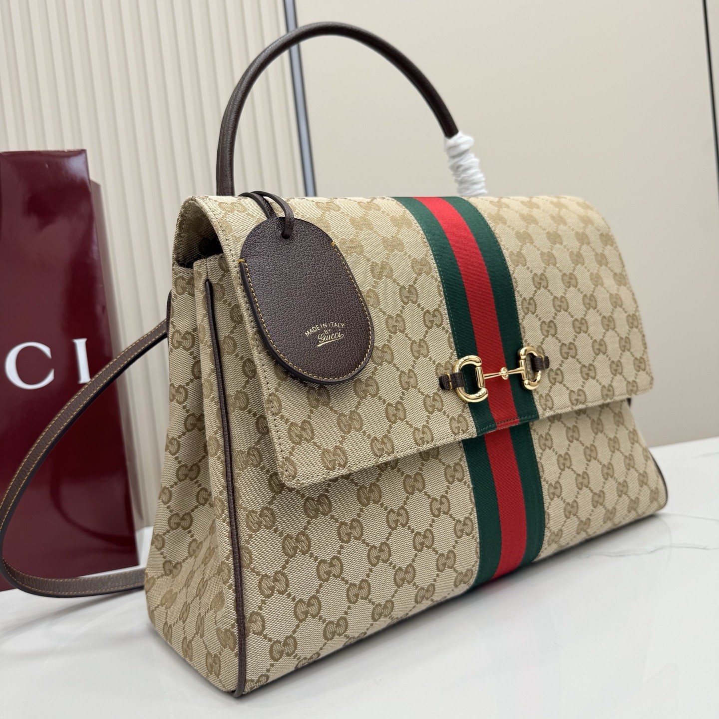 Gv*c* Paparazzo Large Top Handle Bag In Sand And Brown GG Canvas-37*29*13CM