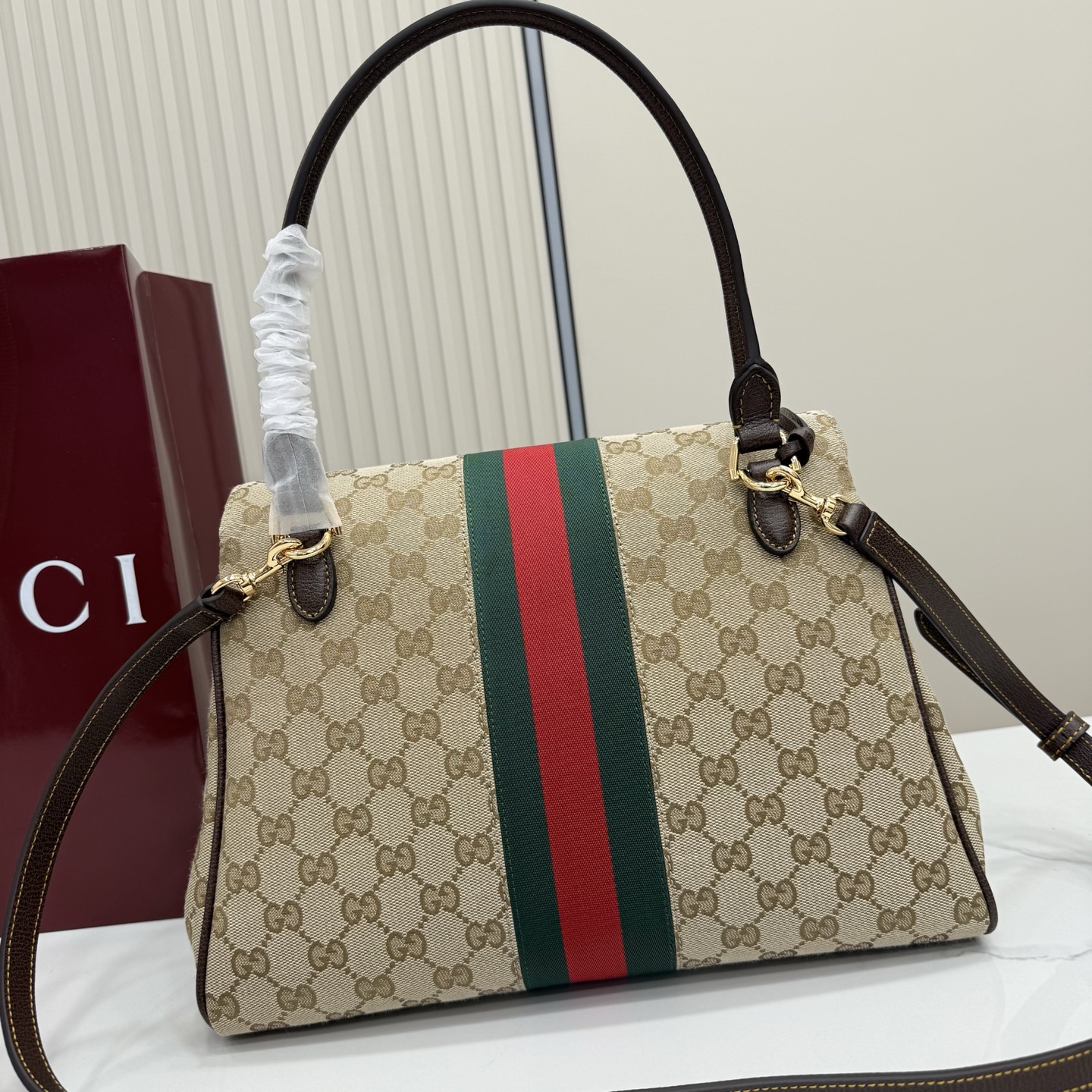 Gv*c* Paparazzo Medium Top Handle Bag In Sand And Brown GG Canvas-32*24*17CM