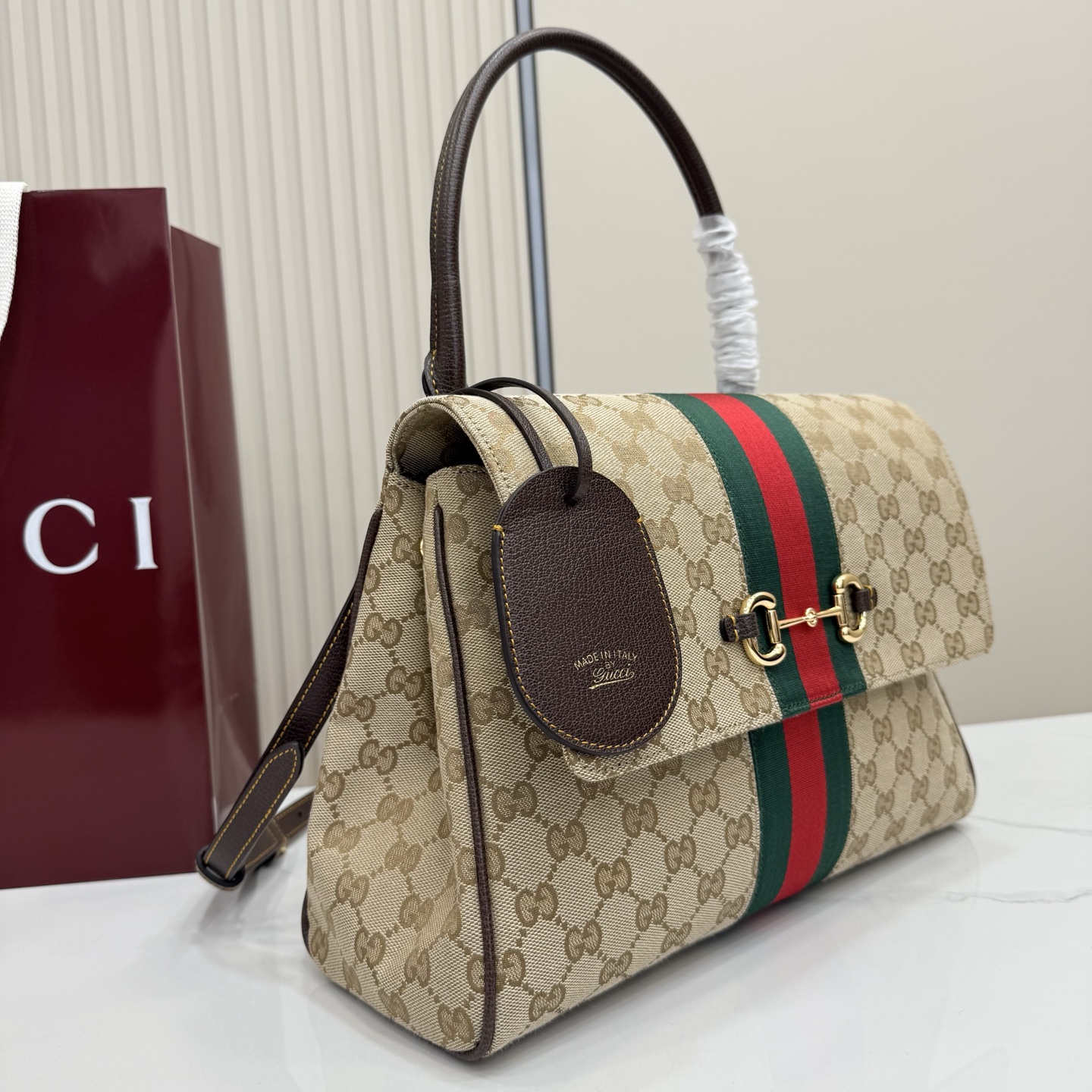 Gv*c* Paparazzo Medium Top Handle Bag In Sand And Brown GG Canvas-32*24*17CM
