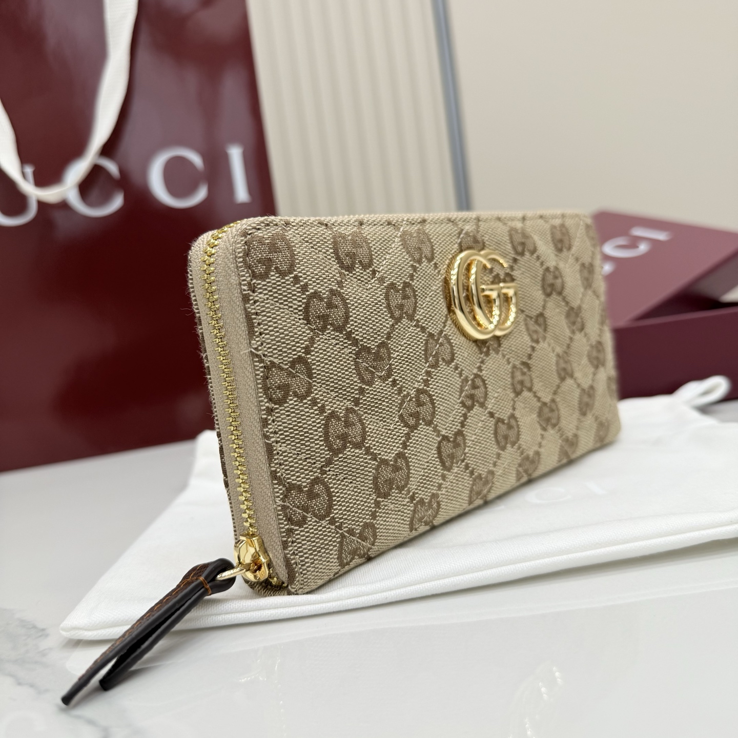 Gvc*1 GG Marmont Zip Around Wallet In Sand And Brown GG canvas-19*10.5*2CM