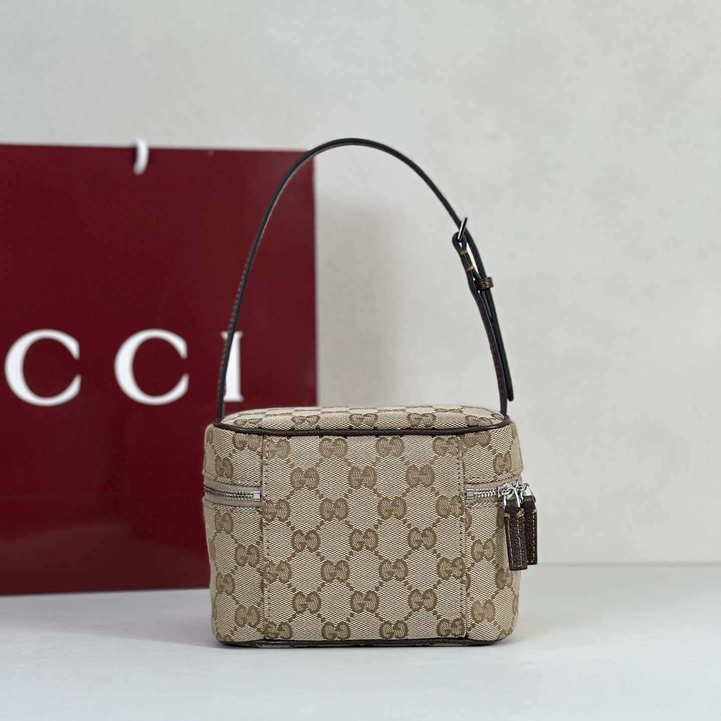 Gu*cci Tag Mini Bag In Sand And Brown GG Canvas-16*12*9CM