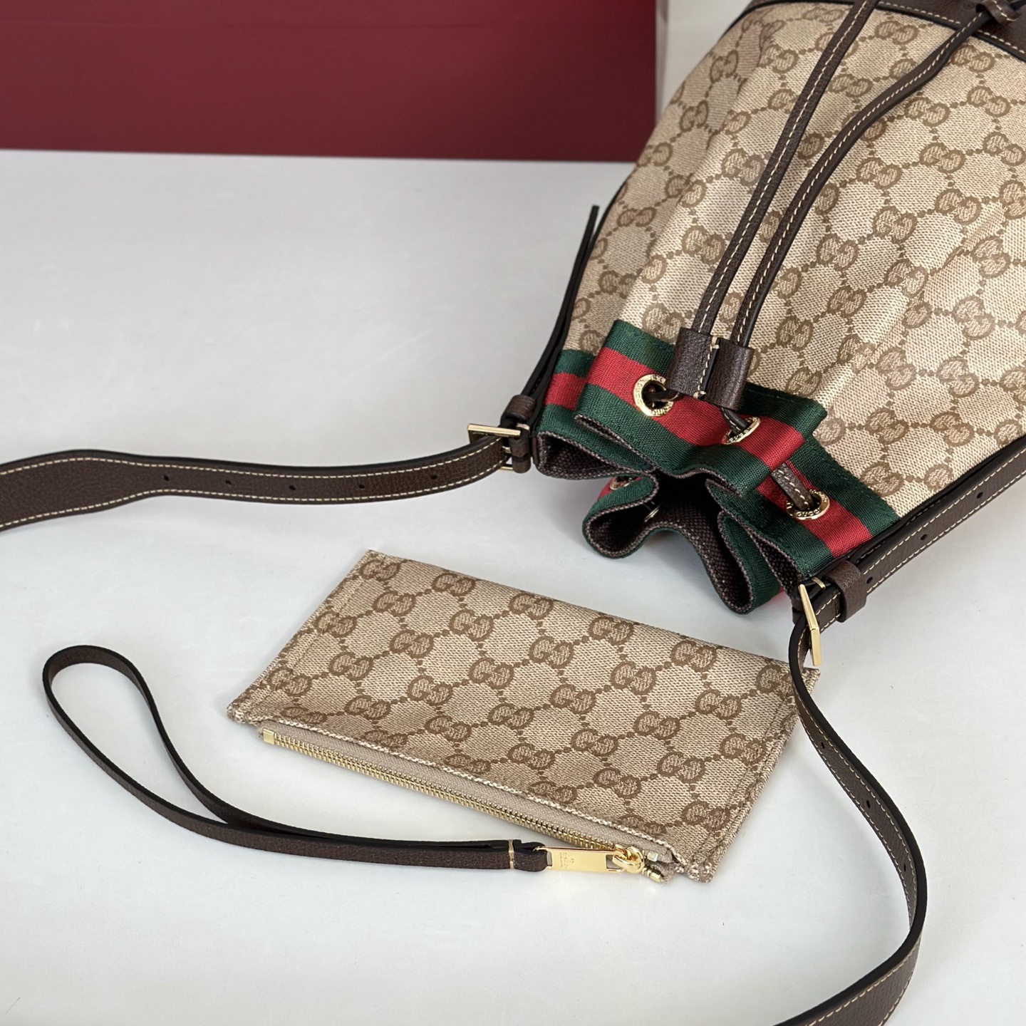 Guc*ci Venice Bucket Bag In Sand And Brown GG Canvas-20.5*23*14CM