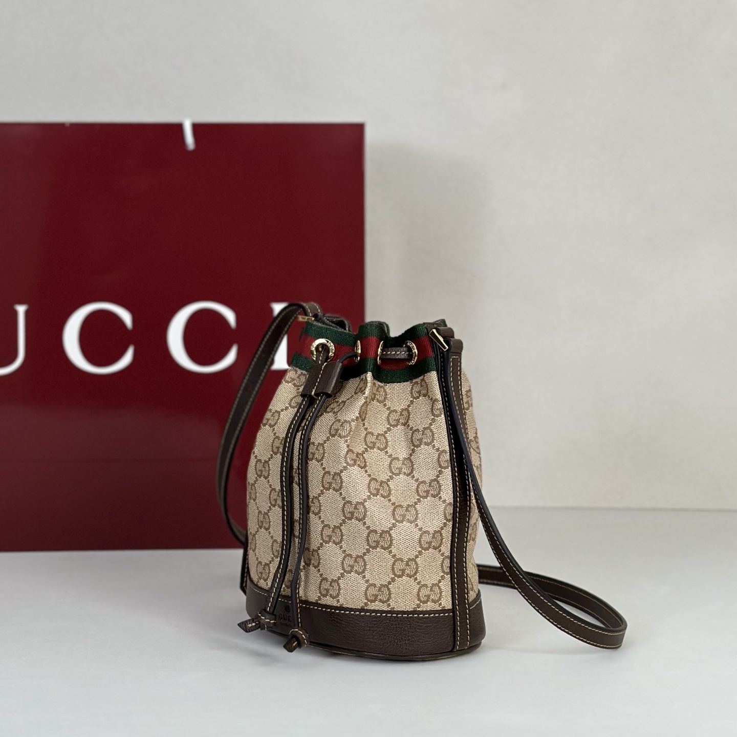 Guc*ci Venice Mini Bucket Bag In Sand And Brown GG Canvas-15.5*19.5*10.5CM