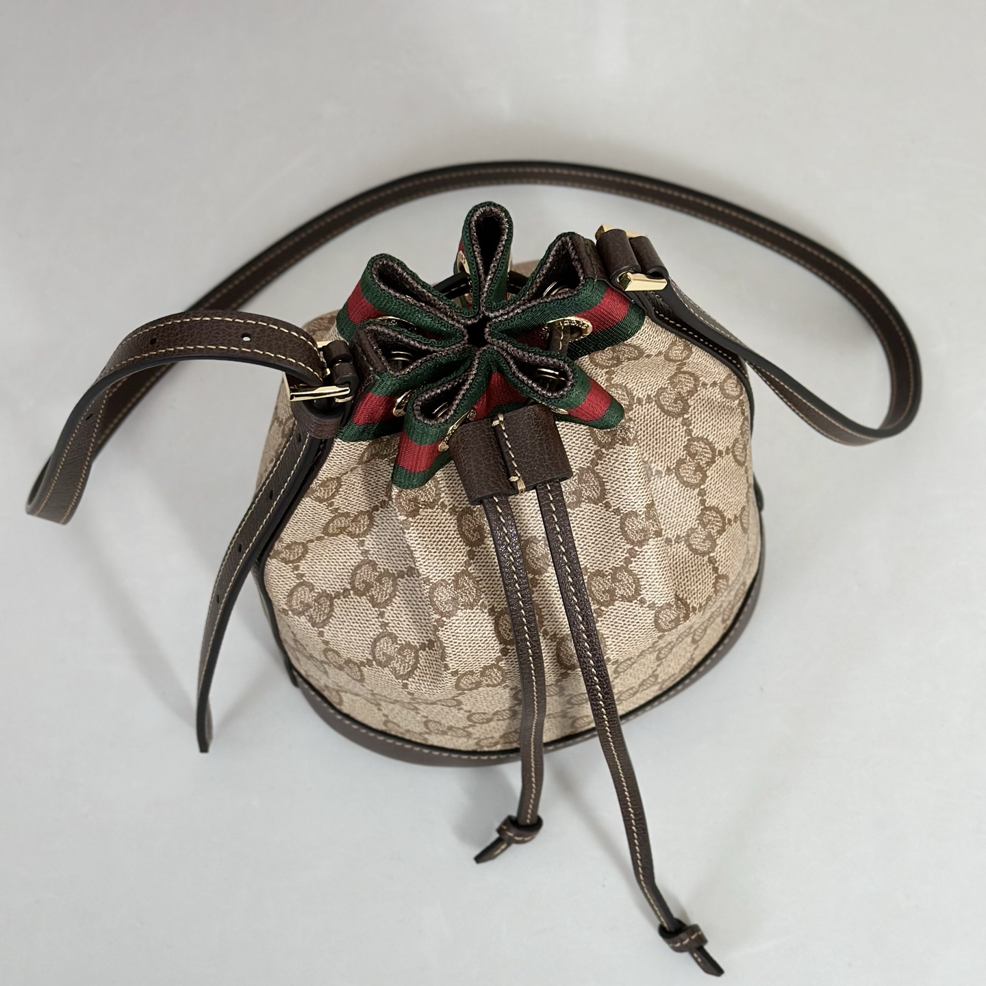 Guc*ci Venice Mini Bucket Bag In Sand And Brown GG Canvas-15.5*19.5*10.5CM