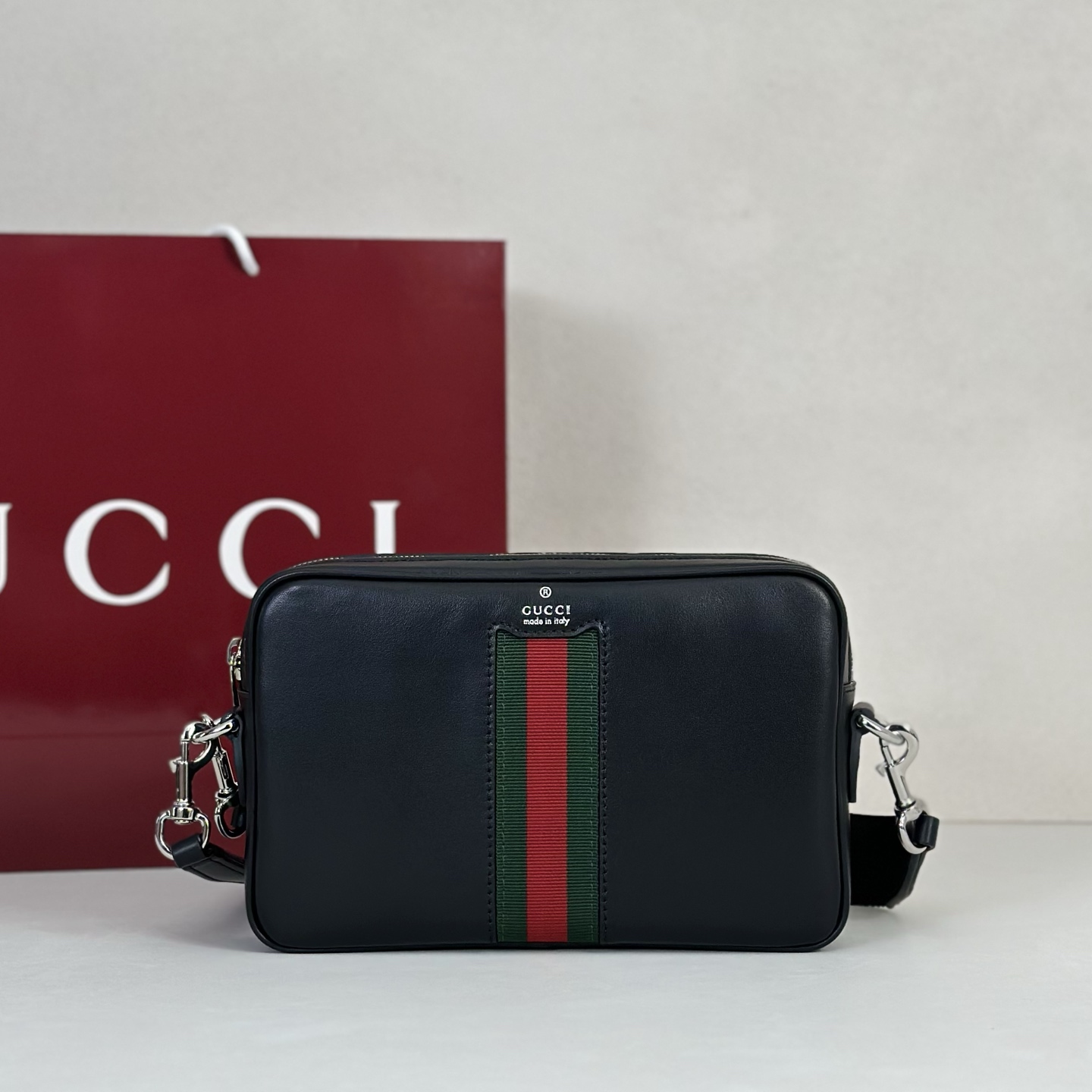 Guc*ci Web Trademark Small Crossbody Bag In Black Leather -24*4*15CM