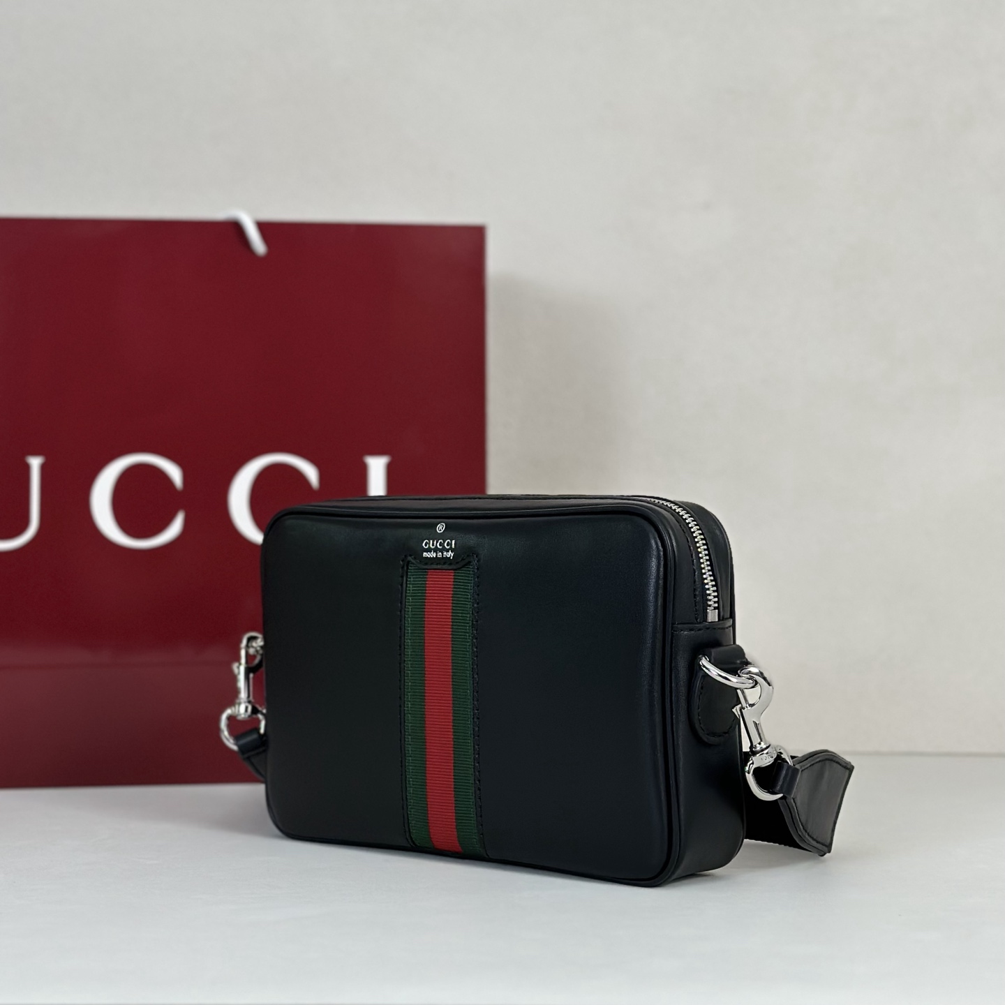 Guc*ci Web Trademark Small Crossbody Bag In Black Leather -24*4*15CM
