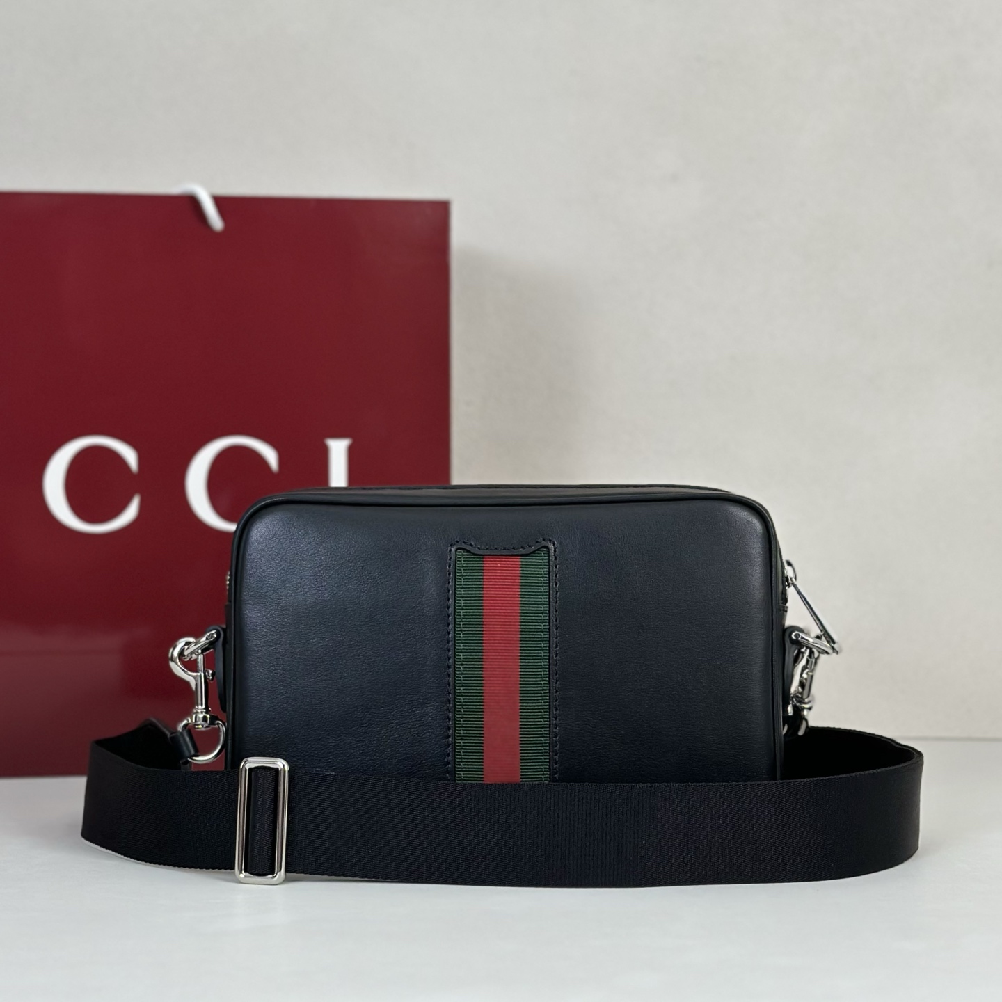 Guc*ci Web Trademark Small Crossbody Bag In Black Leather -24*4*15CM