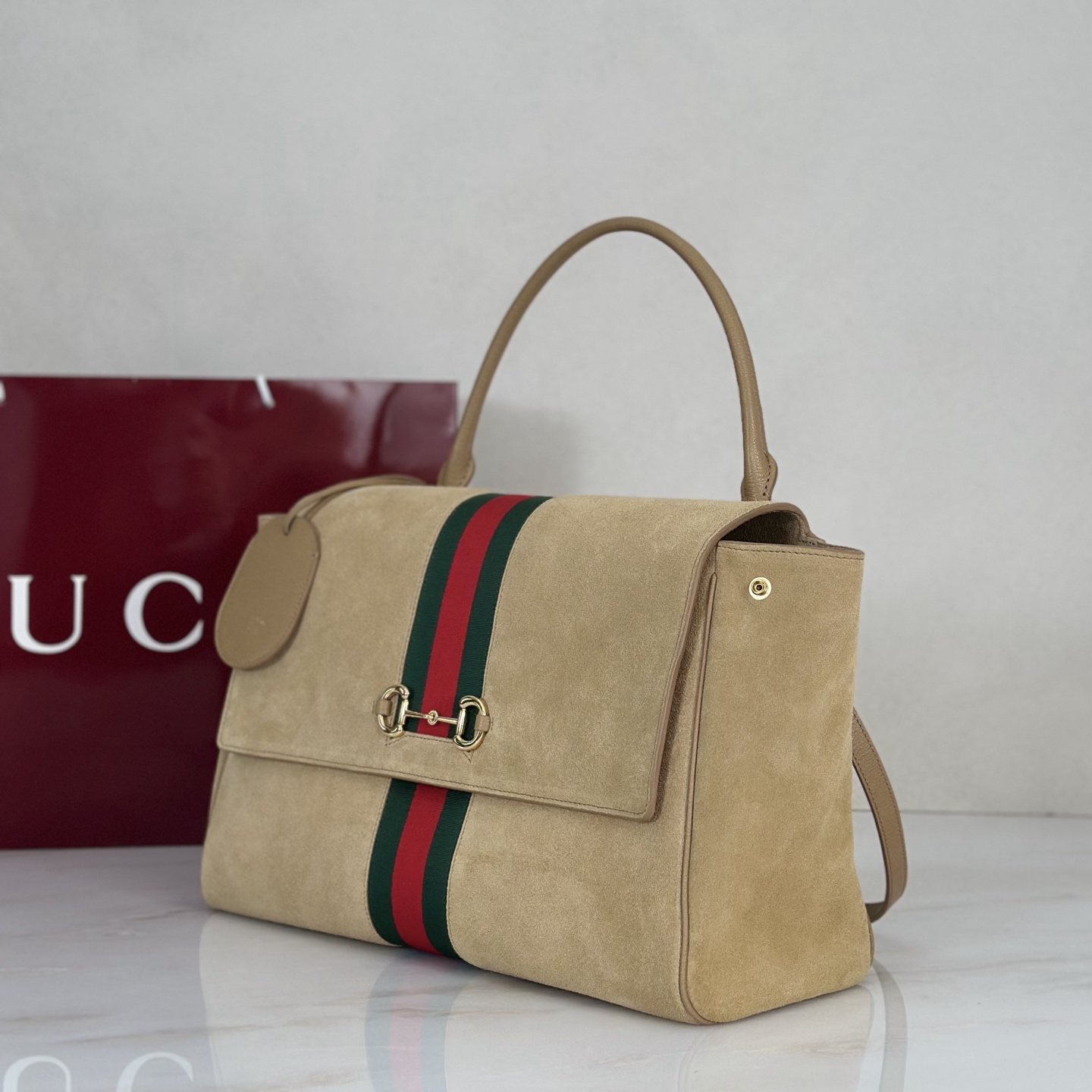 Gvc*1 Paparazzo Medium Top Handle Bag In Sand Suede-37*29*13CM