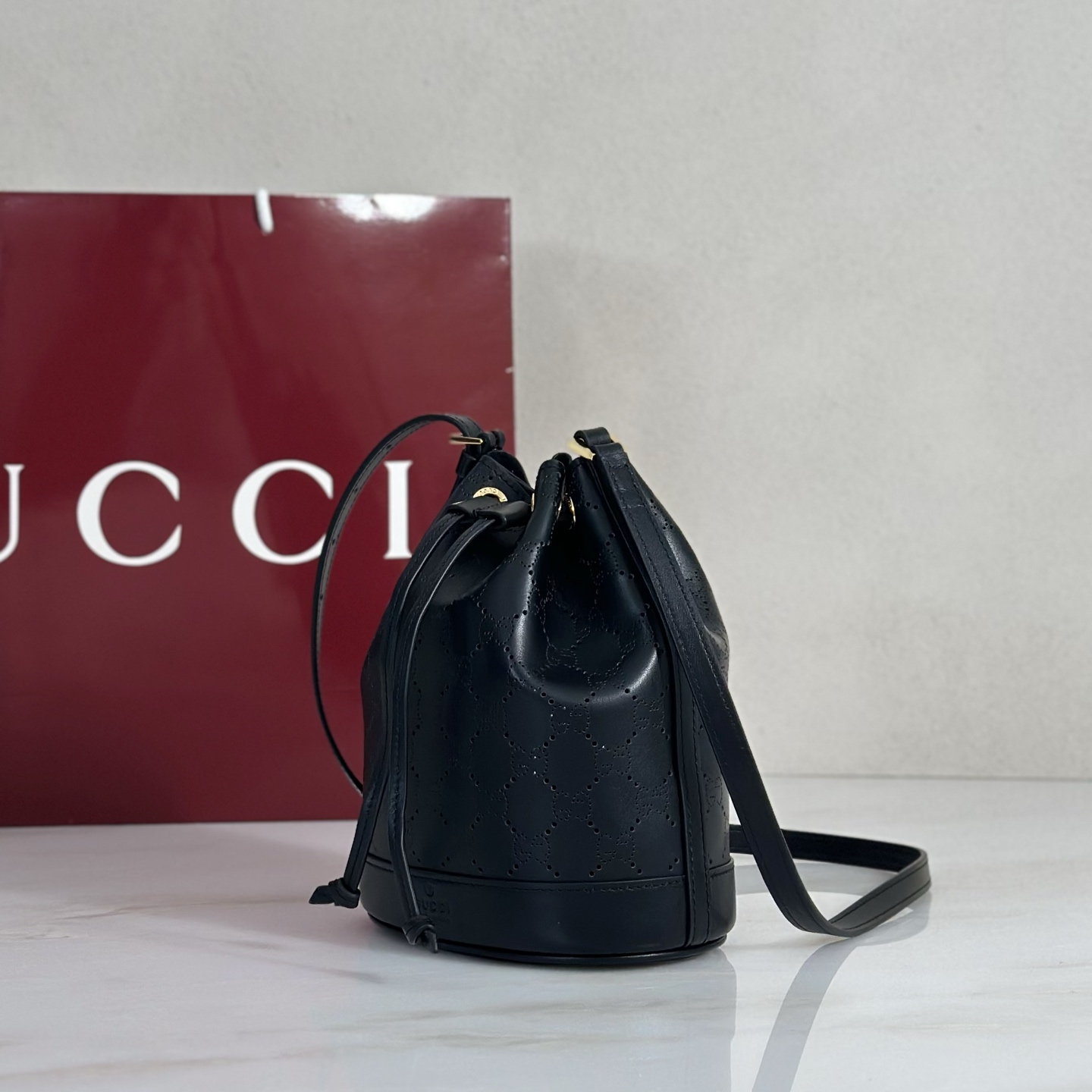 G*ucci Venice Small Bucket Bag In Black GG Leather-15.5*19.5*10.5CM