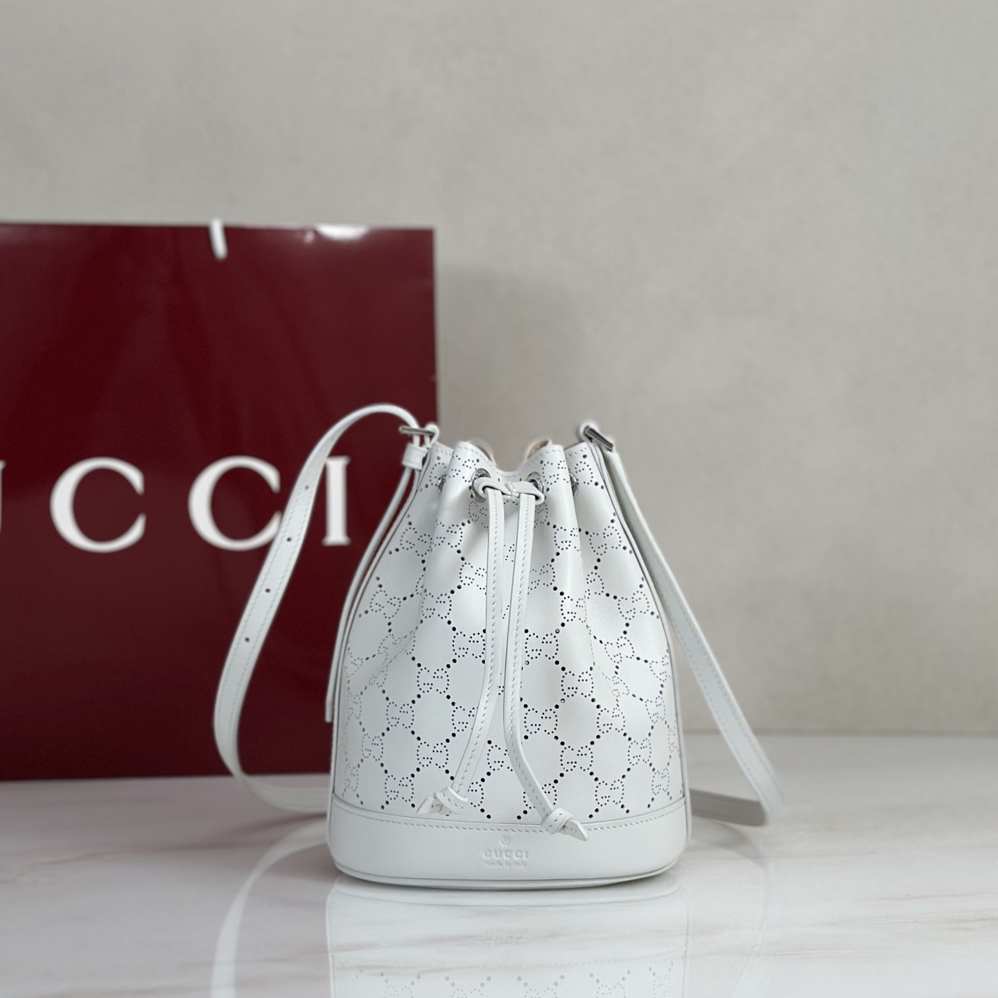 G*ucci Venice Small Bucket Bag In White GG Leather-15.5*19.5*10.5CM
